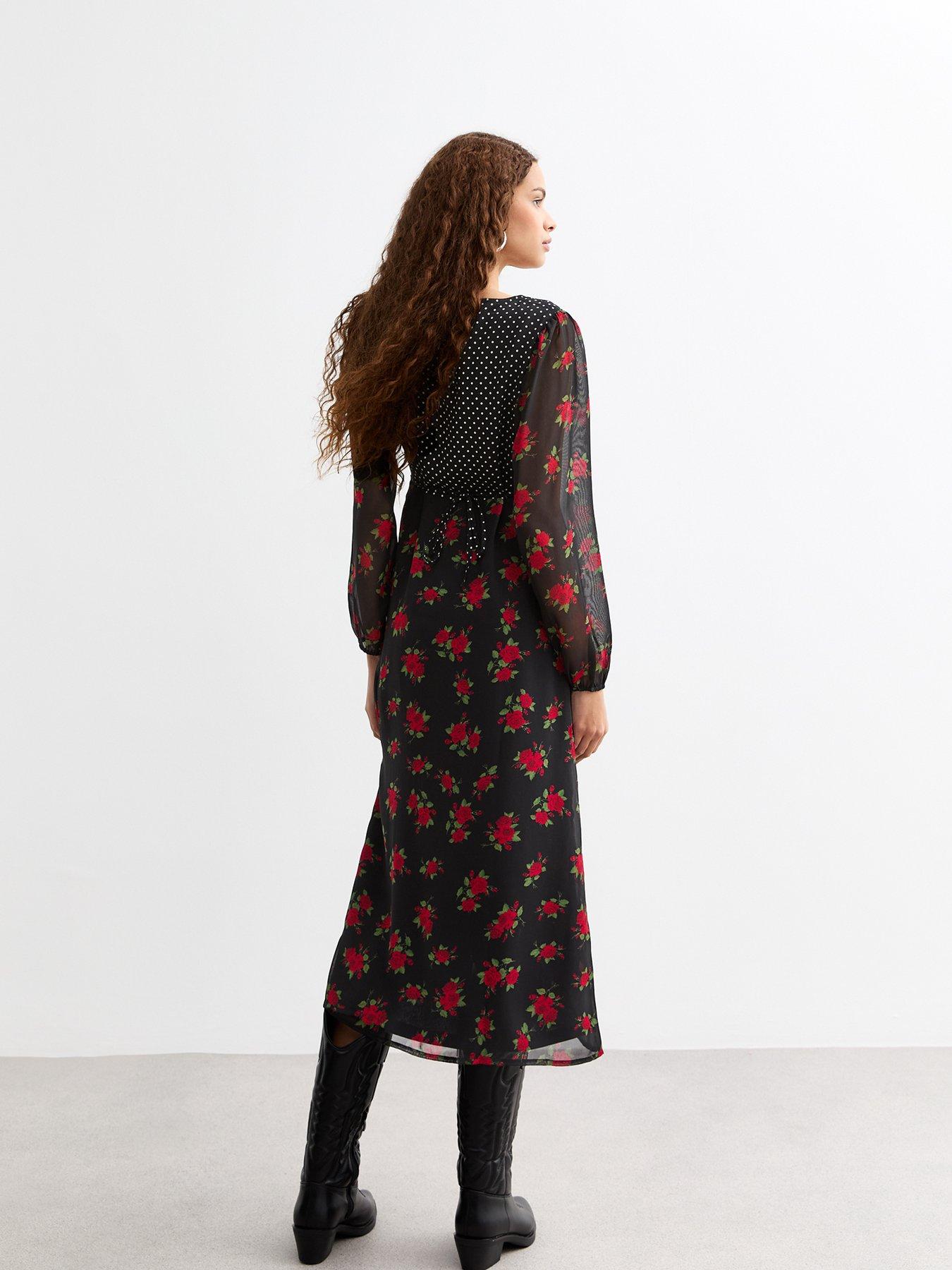 Image 2 of 5 of New Look Mixed Print A Line Midi Dress - Black
