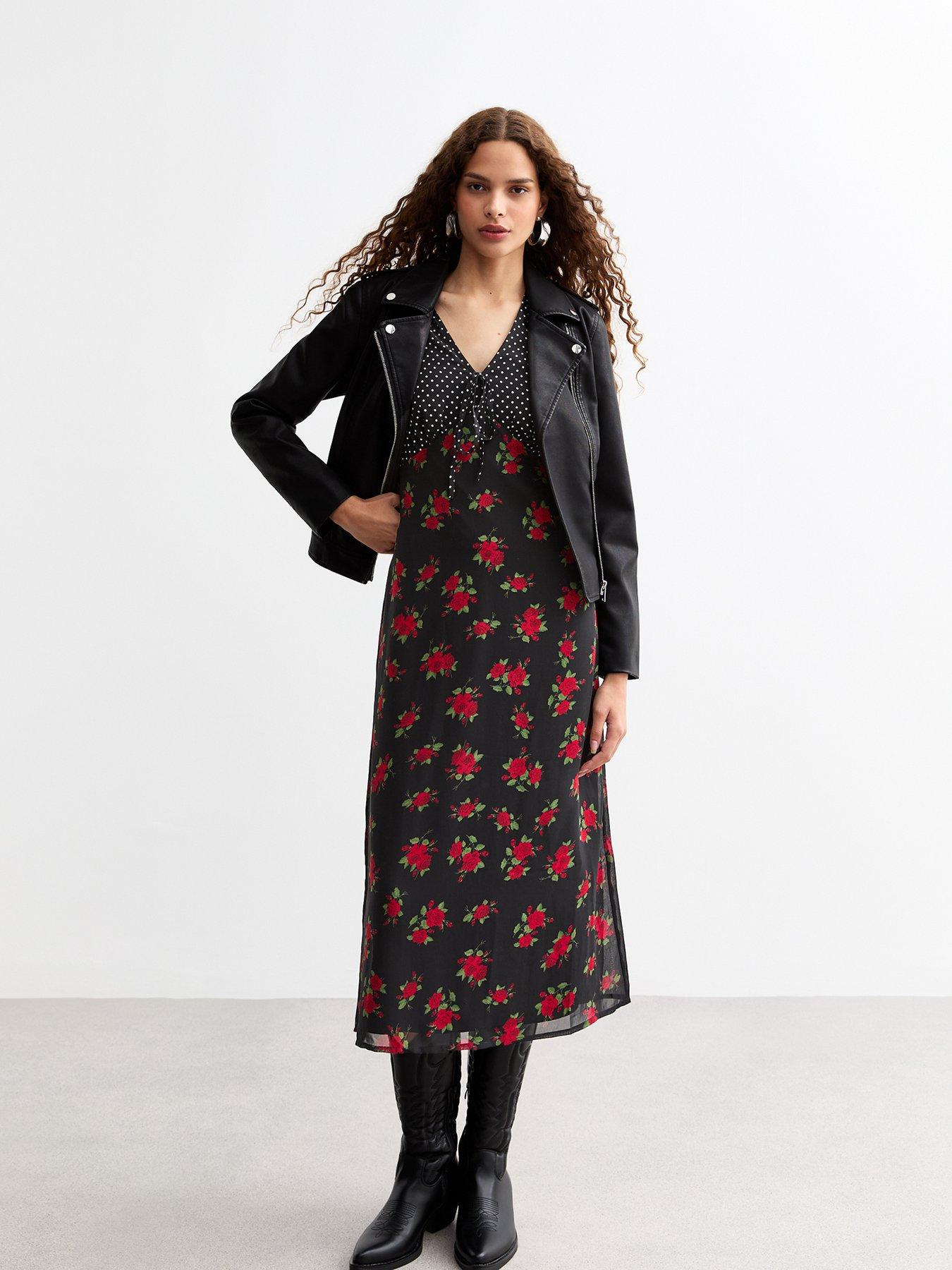 Image 3 of 5 of New Look Mixed Print A Line Midi Dress - Black