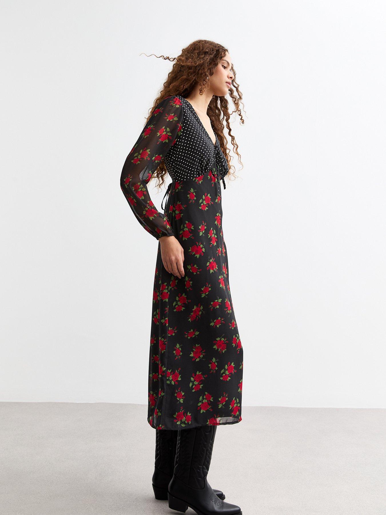 Image 5 of 5 of New Look Mixed Print A Line Midi Dress - Black