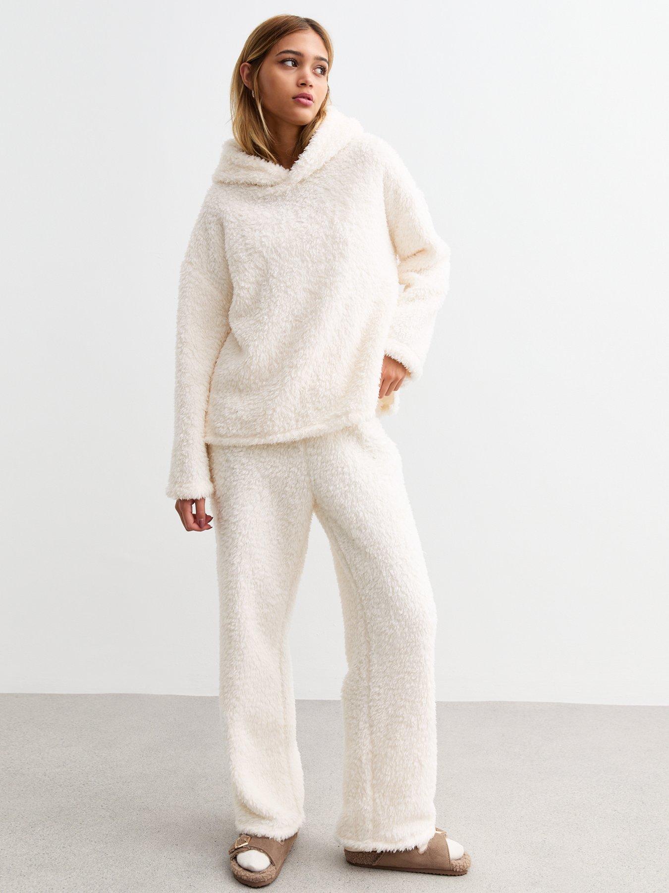 undefined Wide Leg Borg Joggers - Cream