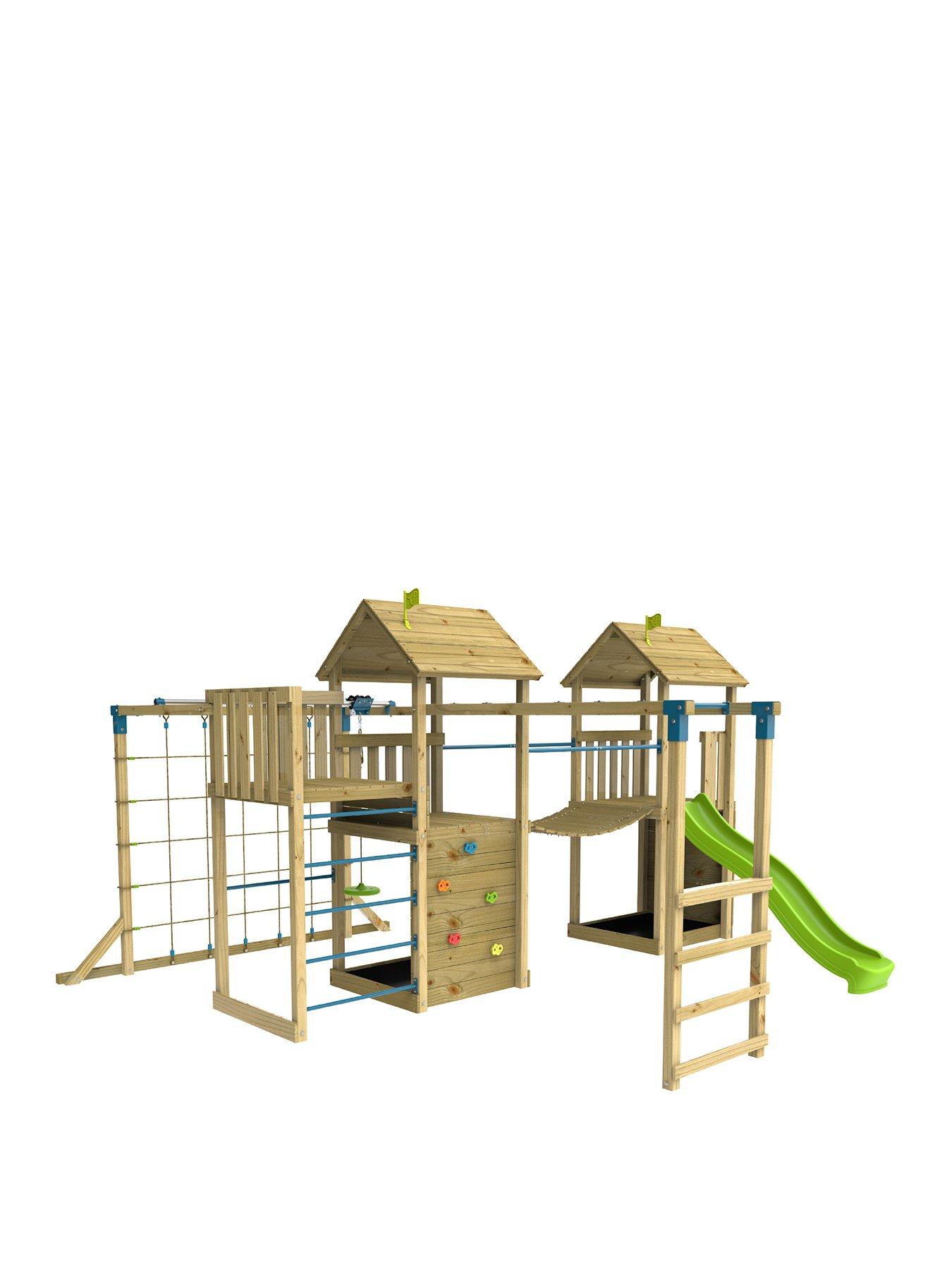 Image 1 of 8 of TP Skywood Wooden Climbing Frame including Two Towers, Zipline &amp; Slide