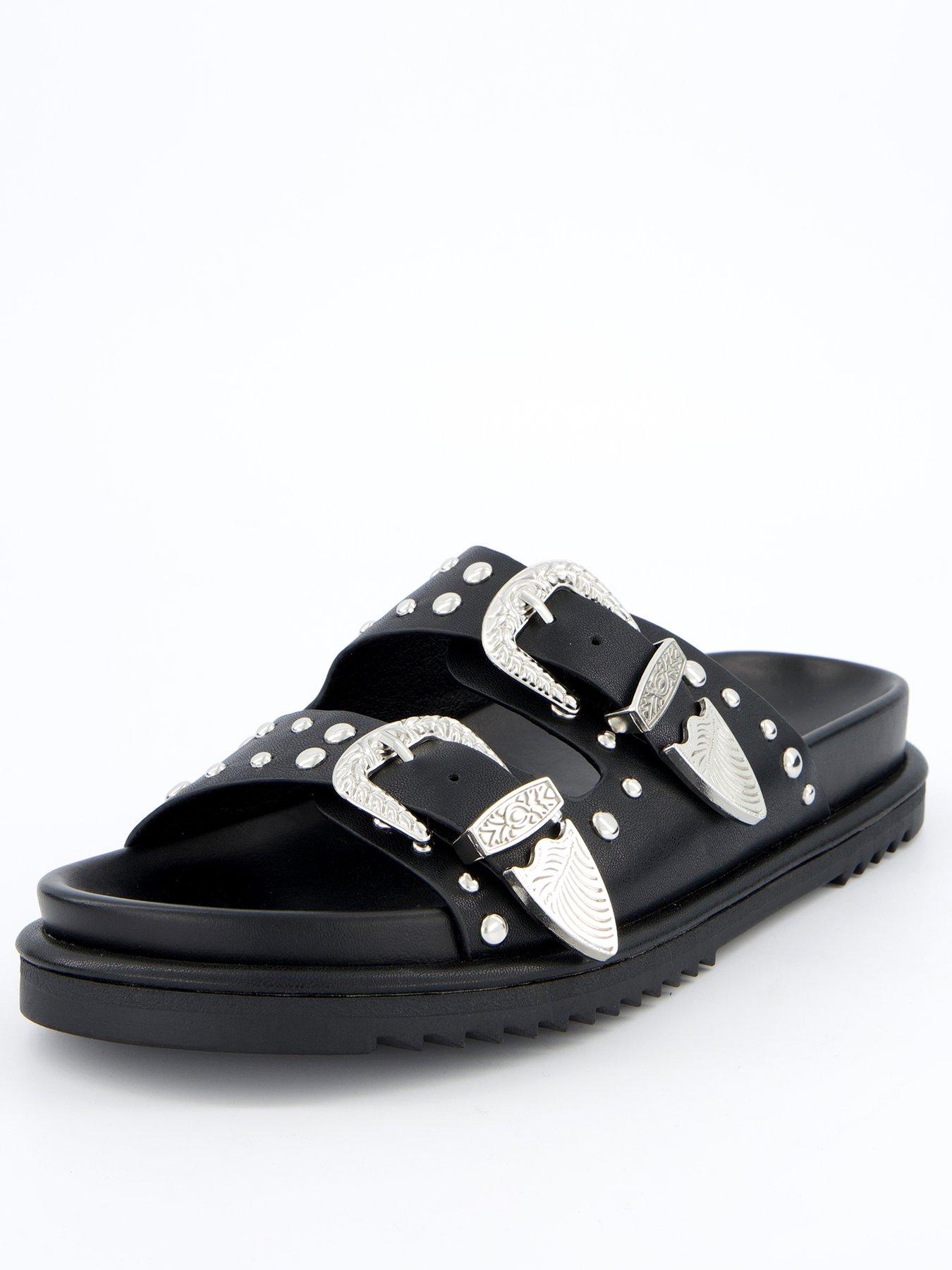  image of v-by-very-wide-fit-western-double-buckle-footbed-sandals-black