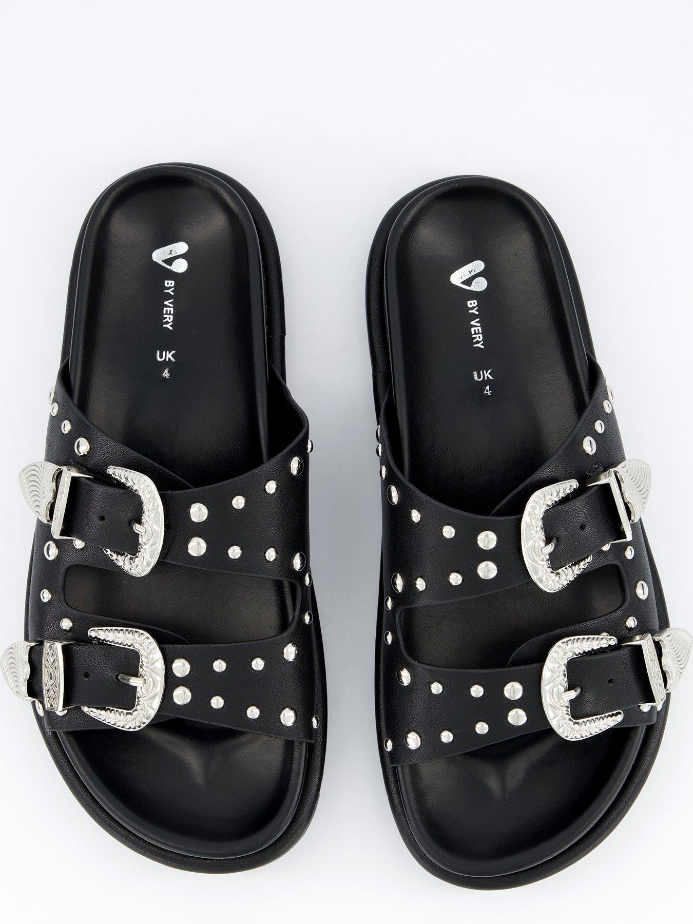  image of v-by-very-wide-fit-western-double-buckle-footbed-sandals-black