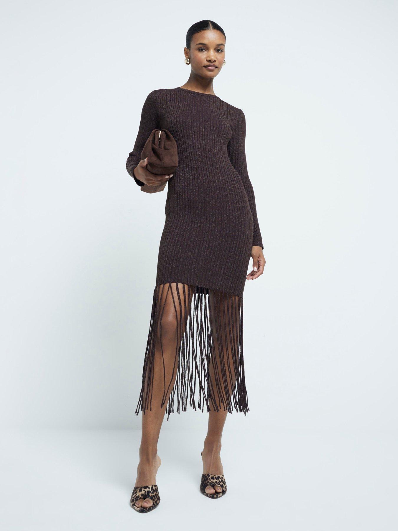 undefined Fringe Midi Dress - Brown Metallic