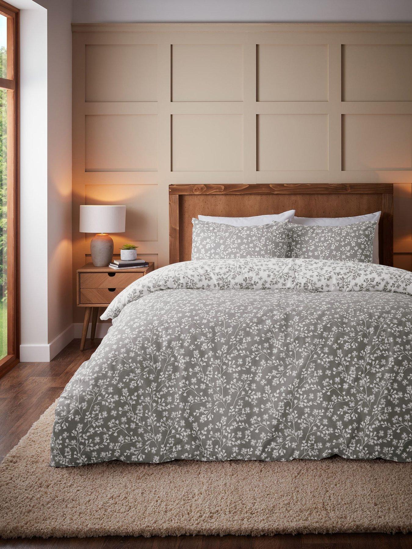  image of catherine-lansfield-brushed-100-cotton-grace-floral-leaf-duvet-set-grey