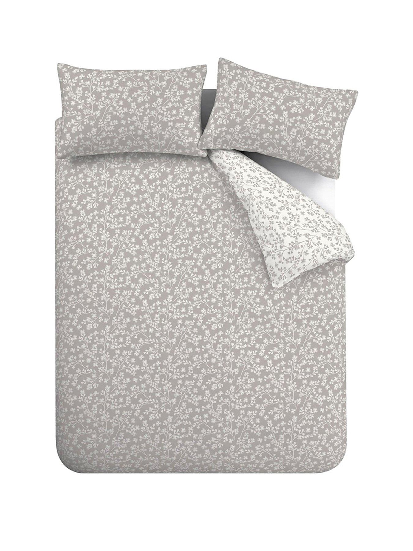  image of catherine-lansfield-brushed-100-cotton-grace-floral-leaf-duvet-set-grey