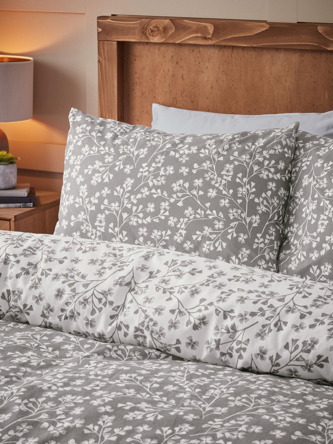  image of catherine-lansfield-brushed-100-cotton-grace-floral-leaf-duvet-set-grey