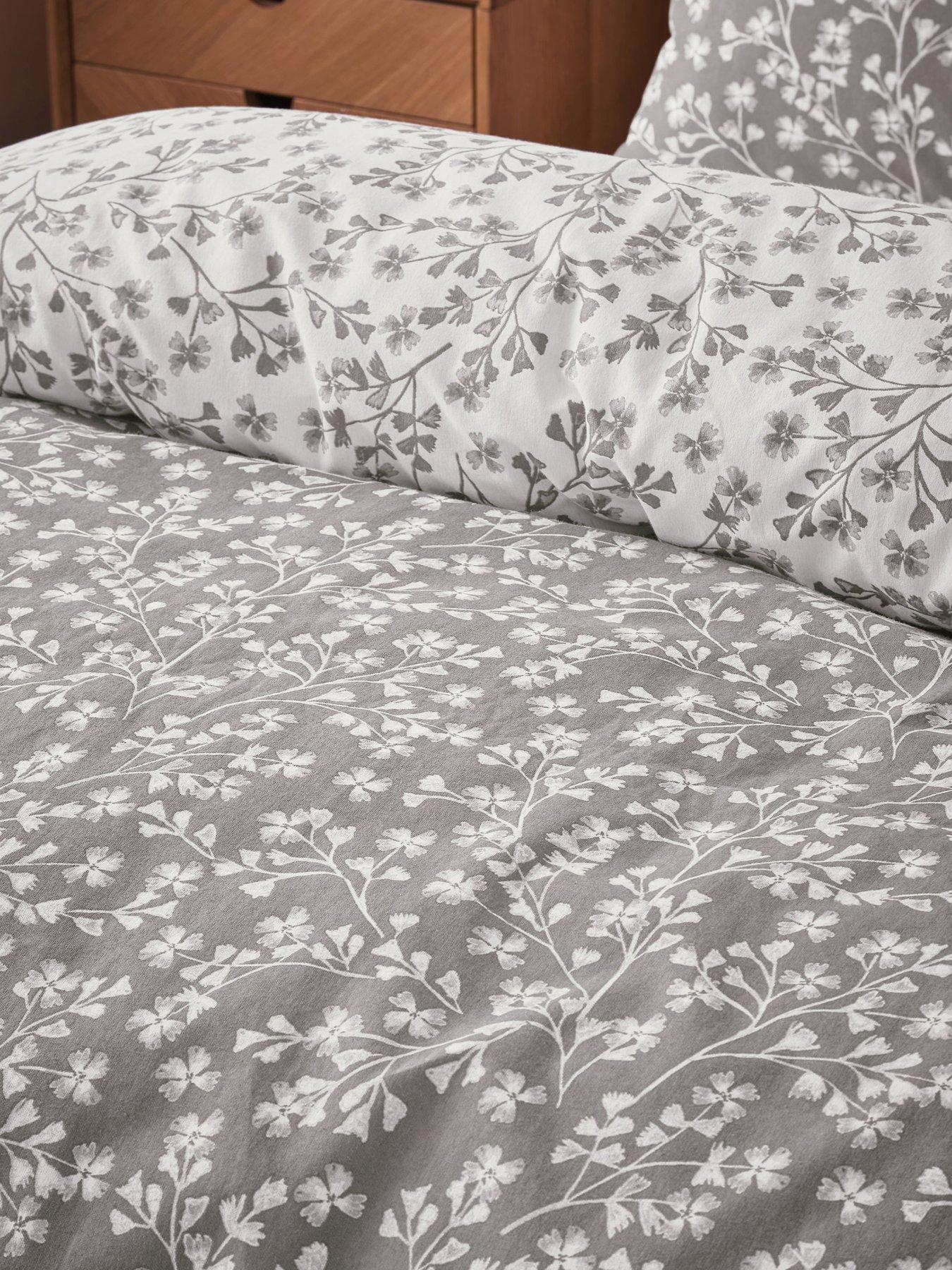  image of catherine-lansfield-brushed-100-cotton-grace-floral-leaf-duvet-set-grey