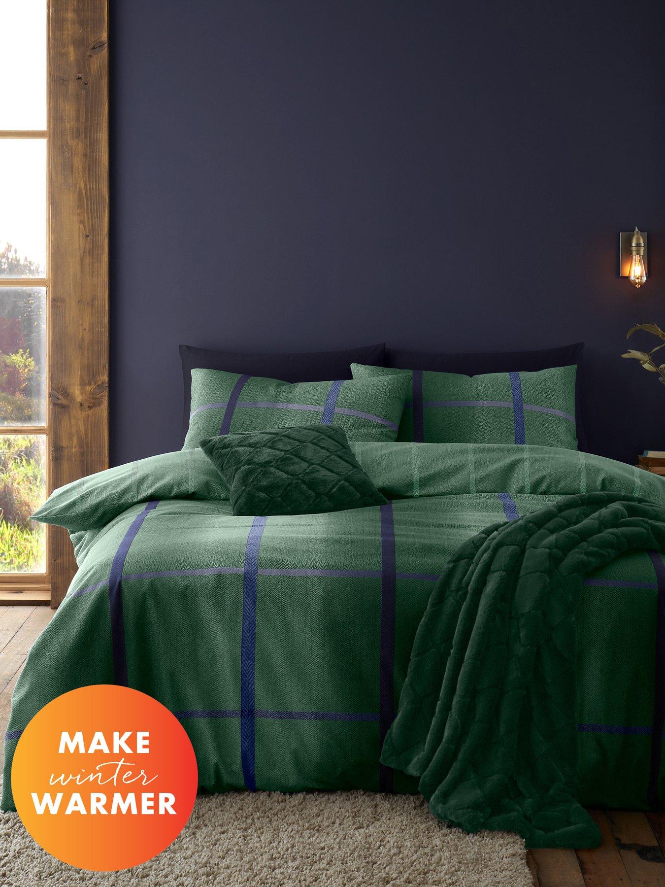  image of catherine-lansfield-brushed-100-cotton-melrose-tweed-duvet-set-green