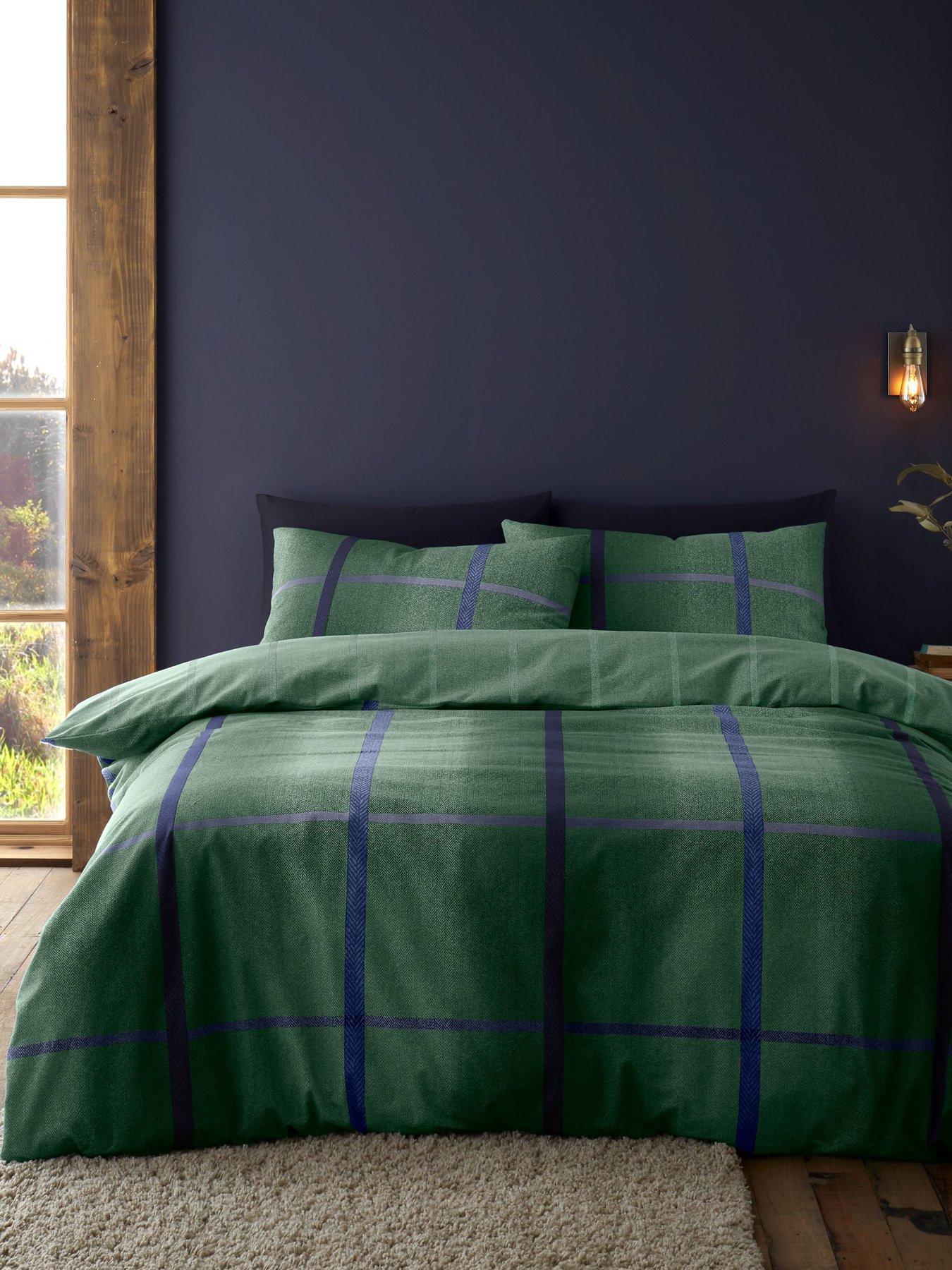  image of catherine-lansfield-brushed-100-cotton-melrose-tweed-duvet-set-green