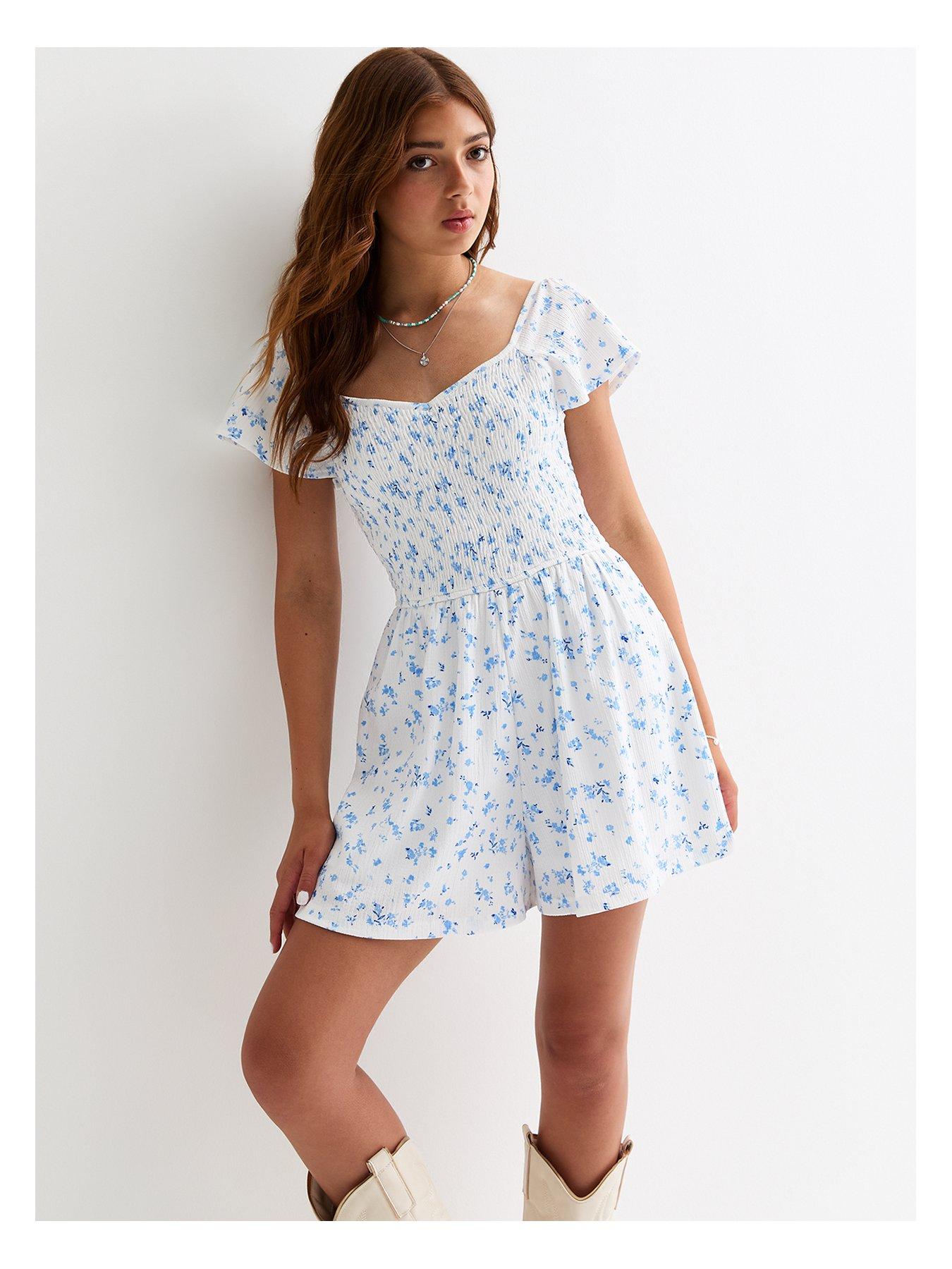 New Look 915 Girls White Shirred Floral Playsuit Littlewoods