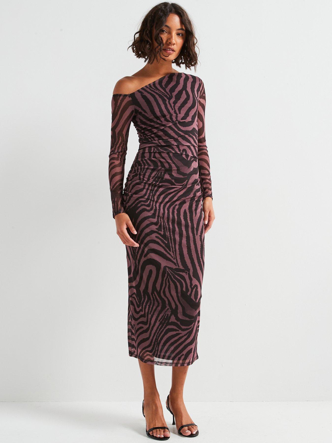 undefined Off The Shoulder Mesh Dress - Print