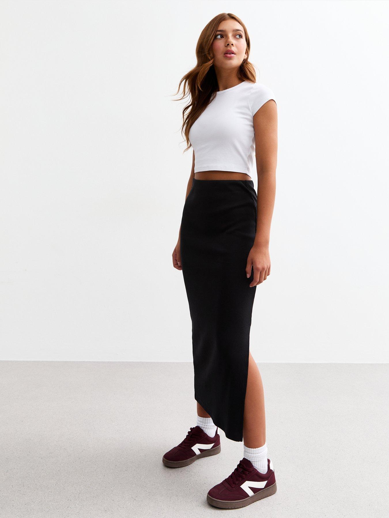 New Look 915 Girls Black Ribbed Split Hem Maxi Skirt Littlewoods