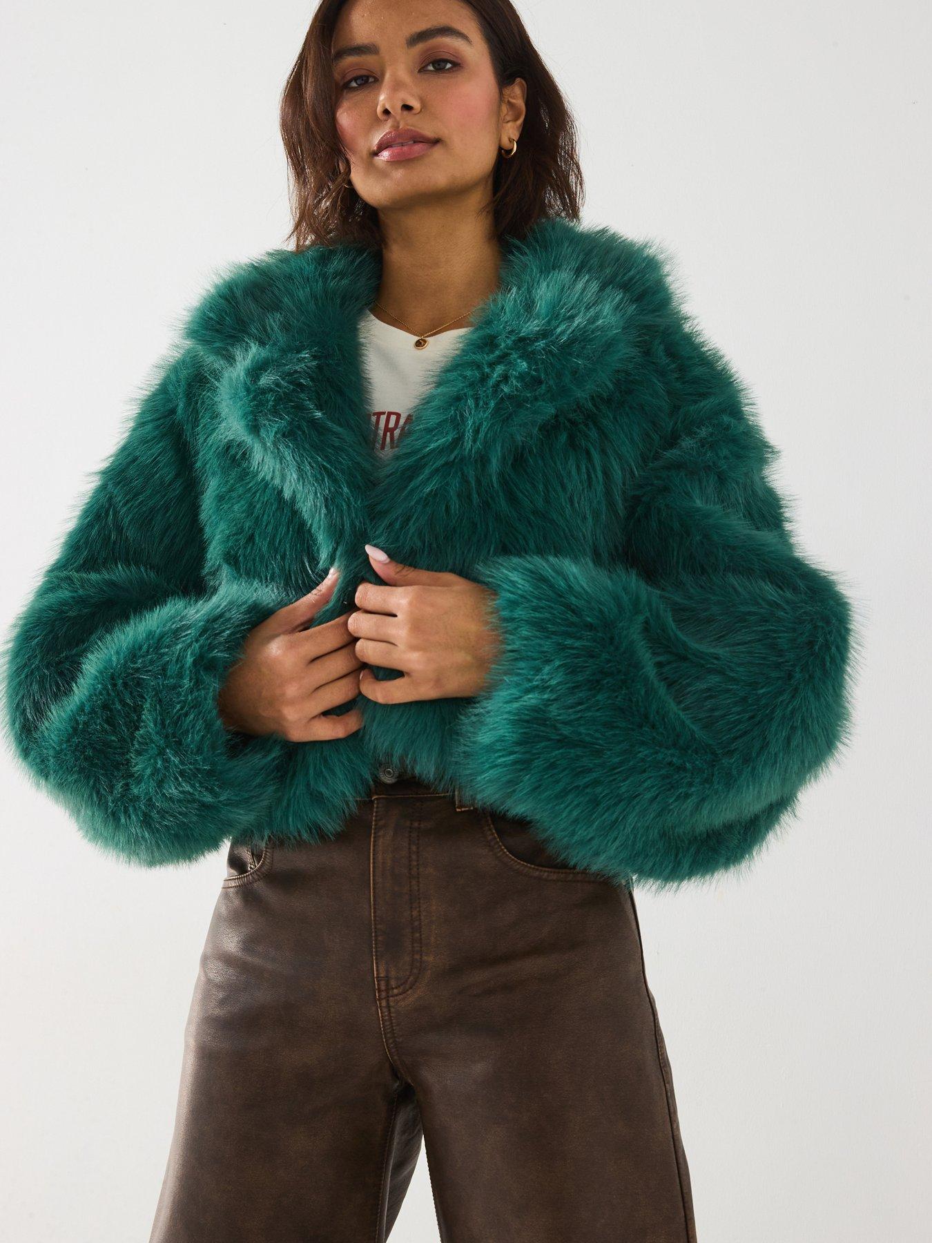 FREE PEOPLE Paris Cropped Fur Jacket Dark Green littlewoods