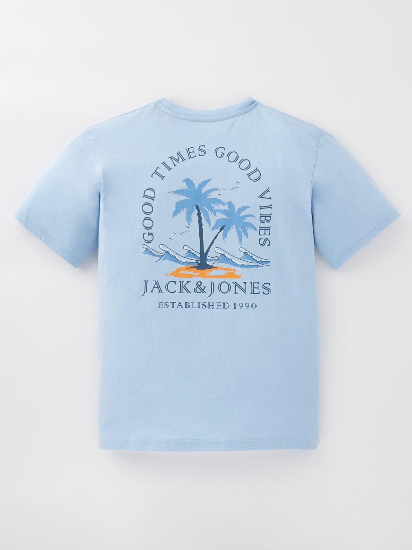 Image 1 of 4 of Jack & Jones Junior Boys Summber Vibes Back Print Short Sleeve Tshirt - Light Blue