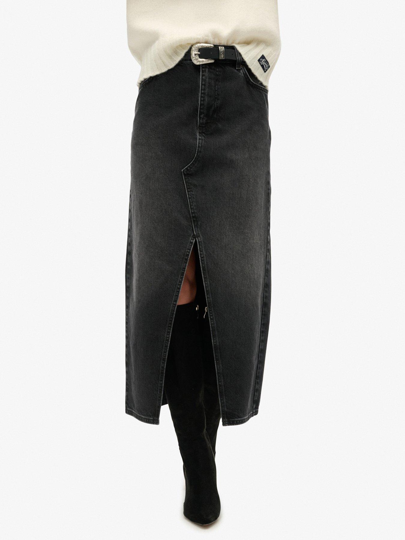 undefined Denim Split Maxi Skirt - Black