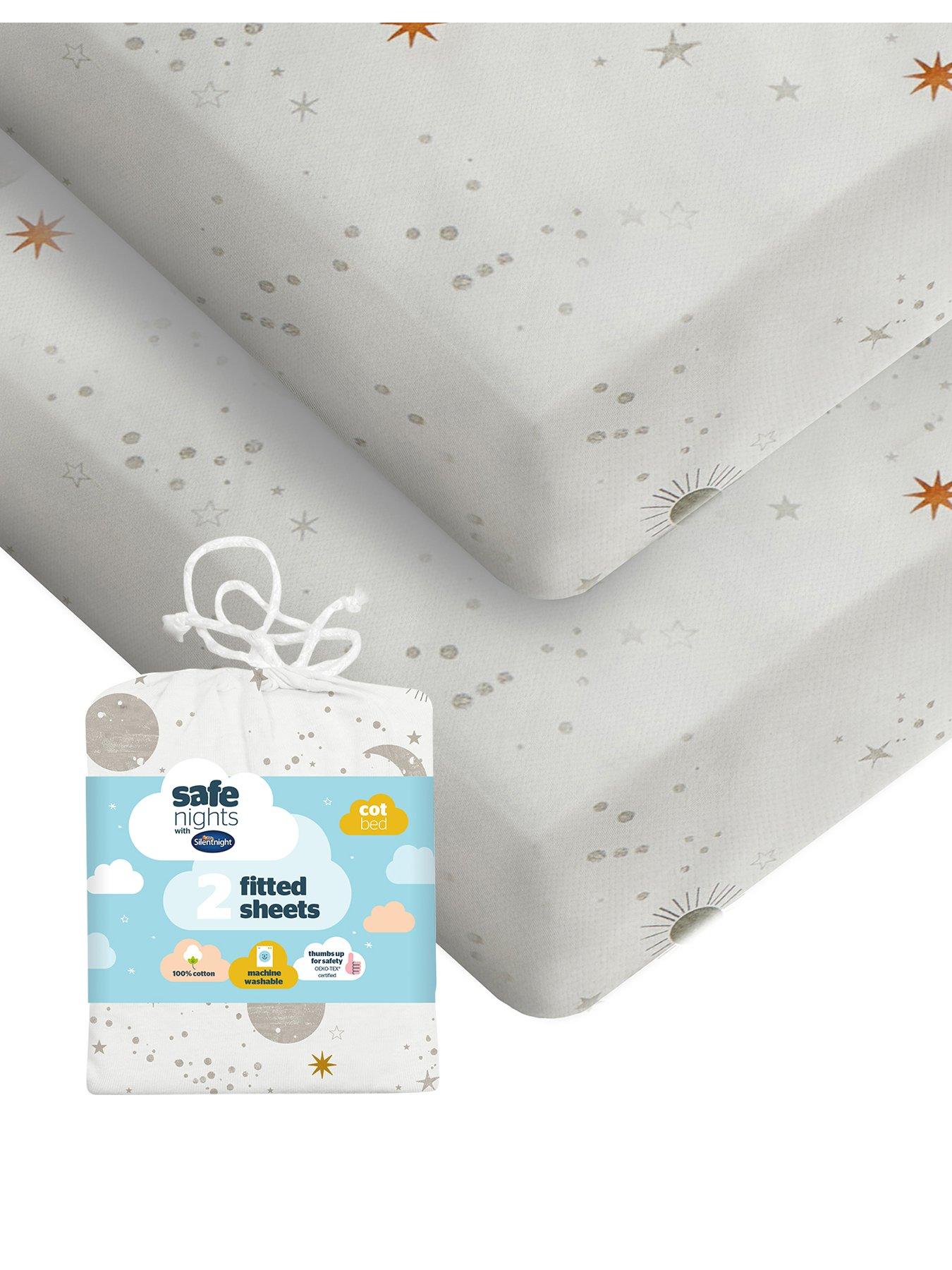 Silentnight Safe Nights 2 x Pack 100% Cotton Cot Bed Fitted Sheets - 140cm x 70cm - Celestial Moon  &  Stars Print