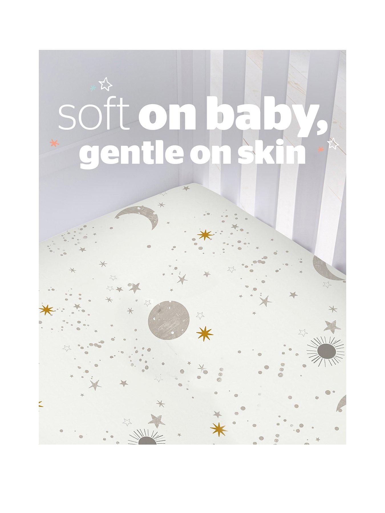  image of silentnight-safe-nights-2-x-pack-100-cotton-cot-bed-fitted-sheets-140cm-x-70cm-celestial-moon-amp-stars-print