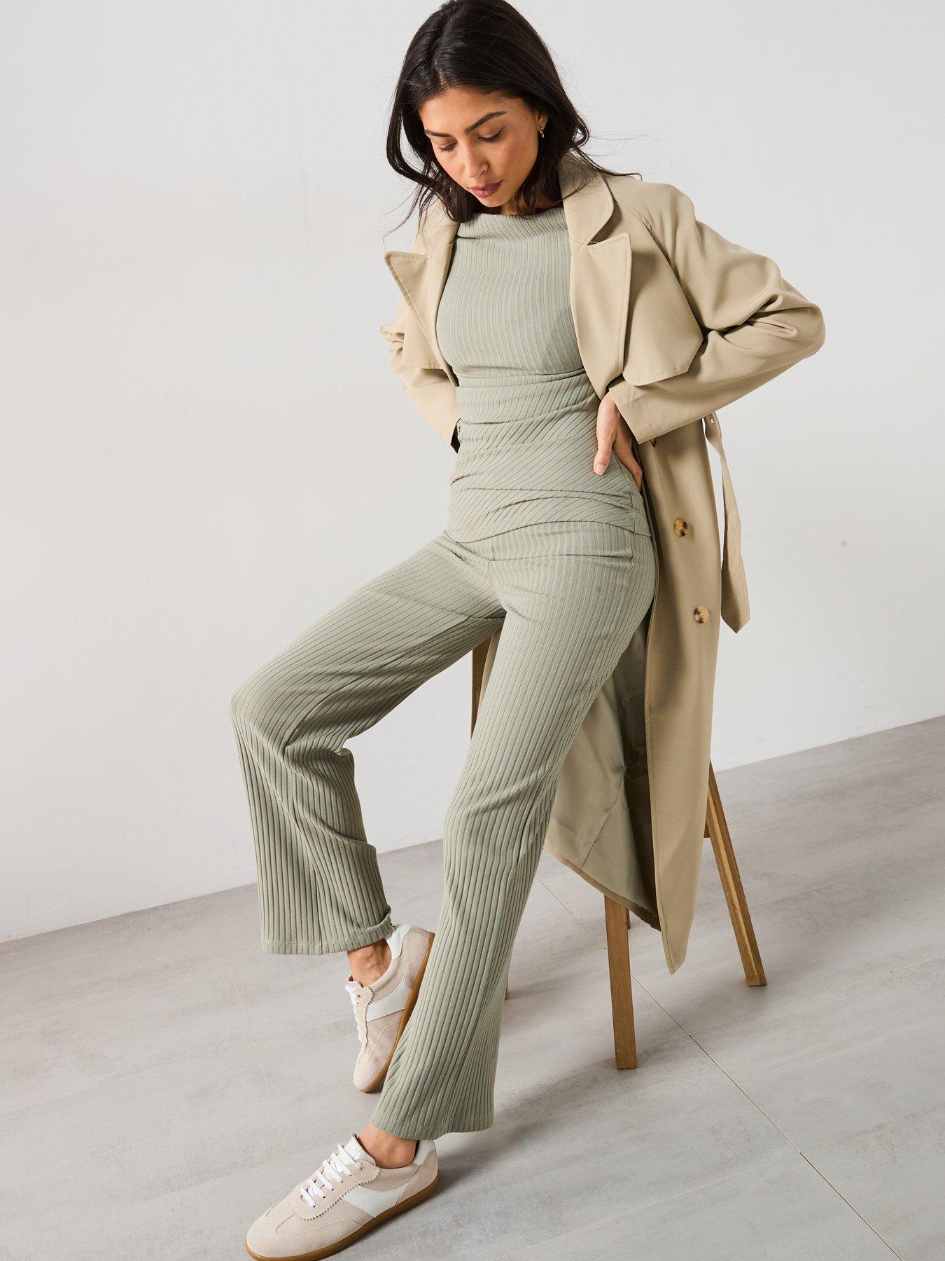  image of v-by-very-ribbed-wide-legnbsptrousers-greennbsp