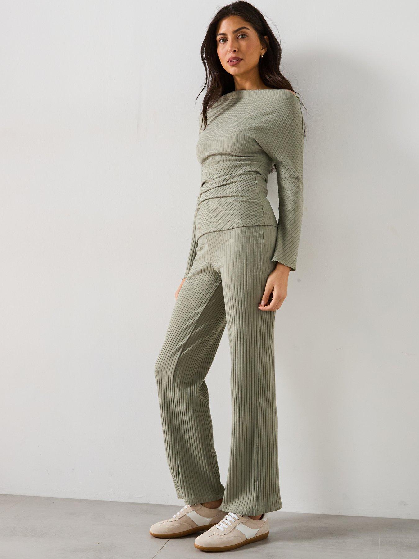  image of v-by-very-ribbed-wide-legnbsptrousers-greennbsp