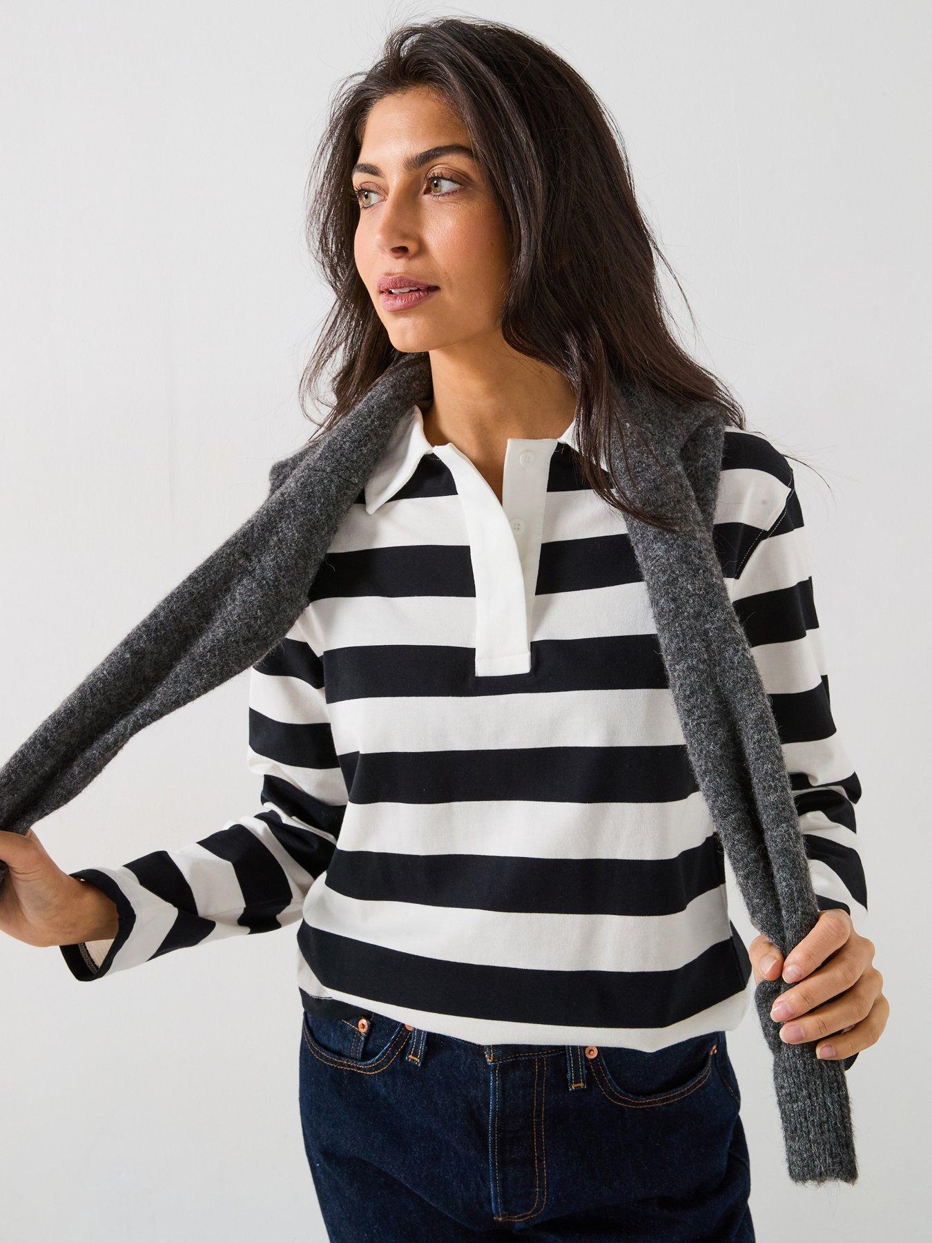  image of v-by-very-stripe-long-sleeve-polo-top-black