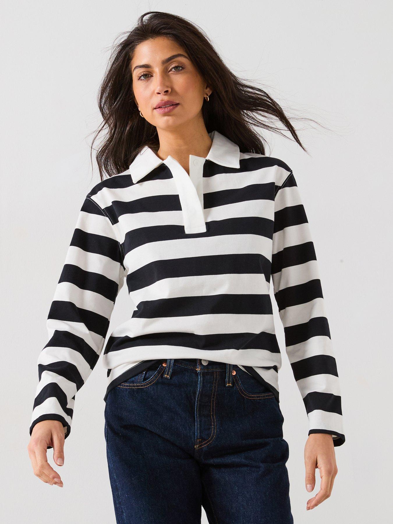  image of v-by-very-stripe-long-sleeve-polo-top-black