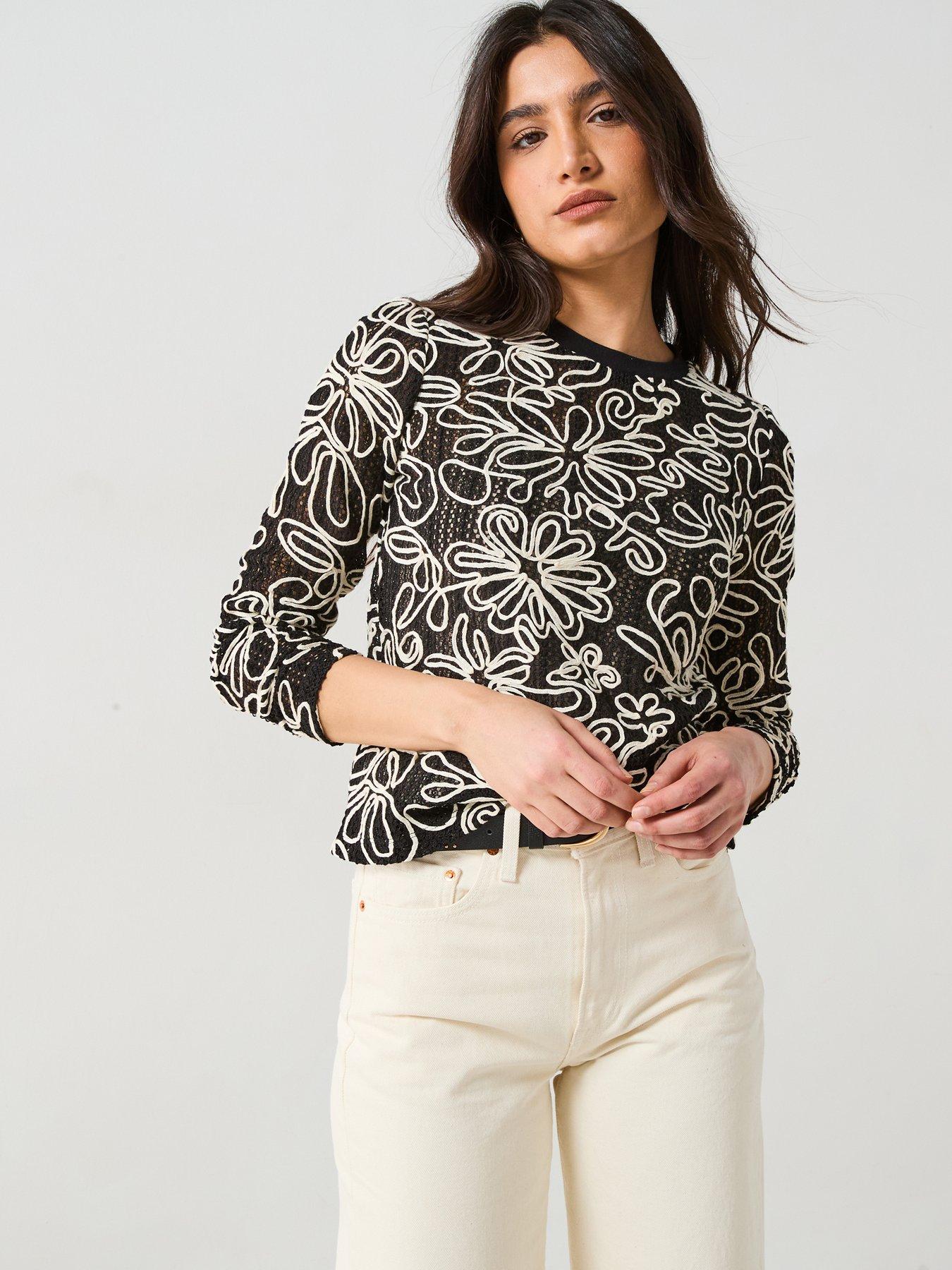  image of v-by-very-long-sleeve-cutwork-top-black