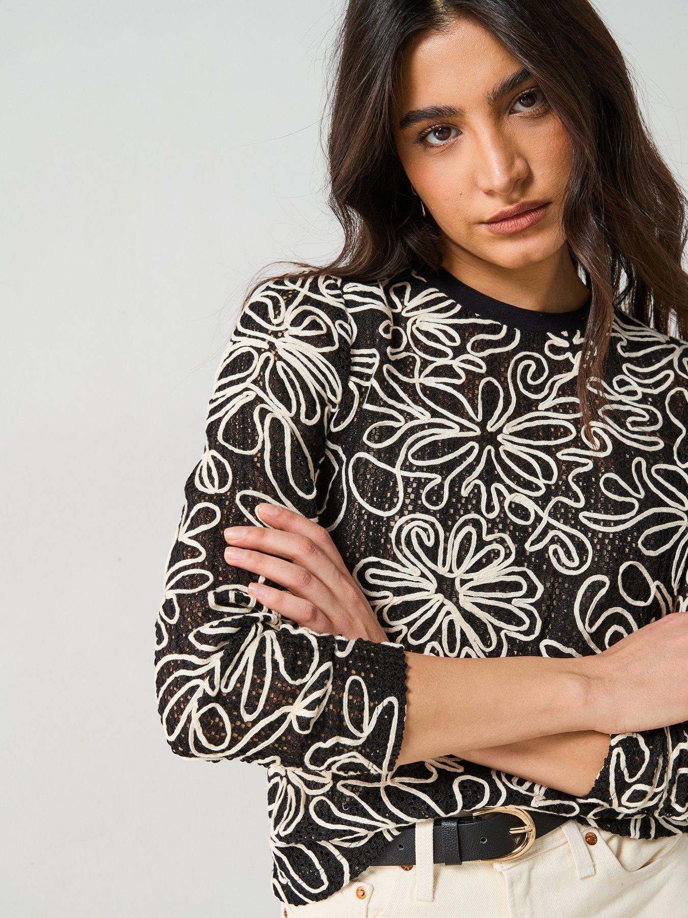  image of v-by-very-long-sleeve-cutwork-top-black