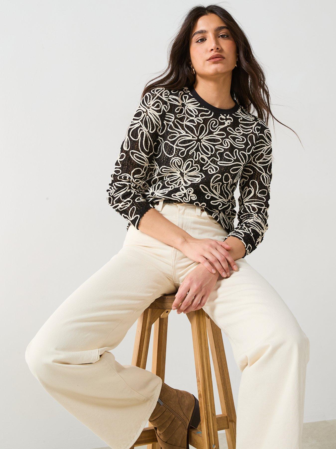  image of v-by-very-long-sleeve-cutwork-top-black