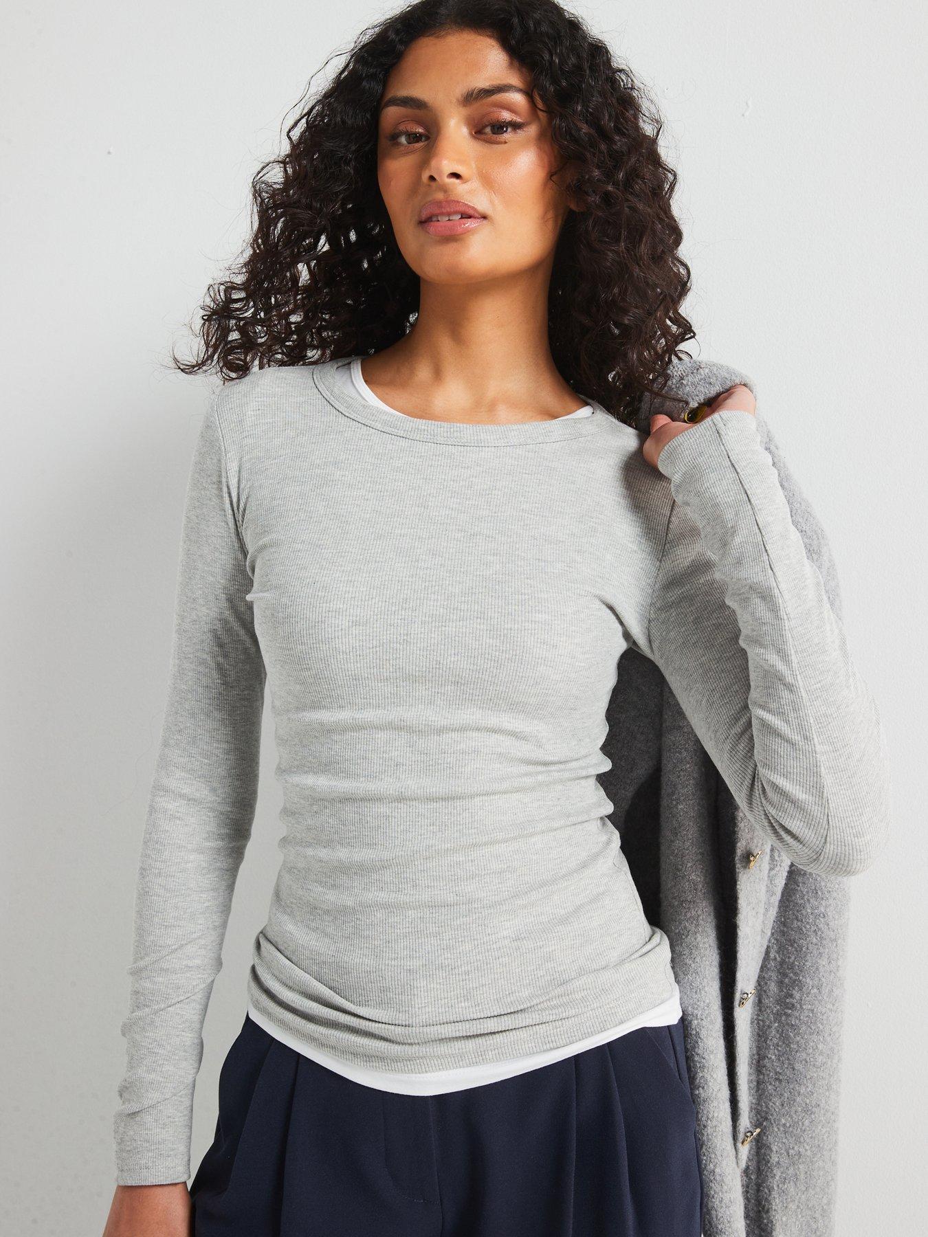  image of v-by-very-everyday-long-sleeve-rib-t-shirt-grey