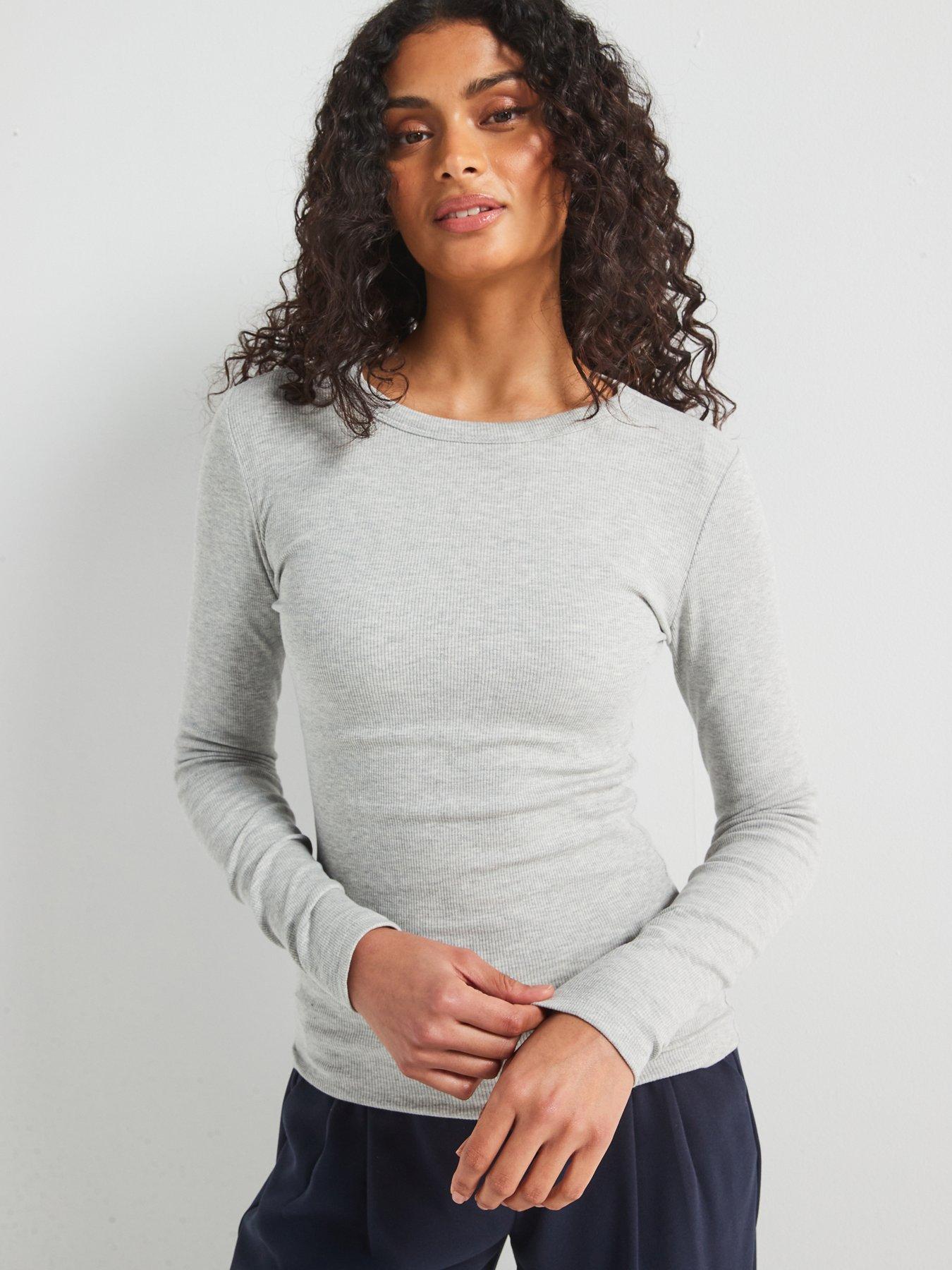  image of v-by-very-everyday-long-sleeve-rib-t-shirt-grey
