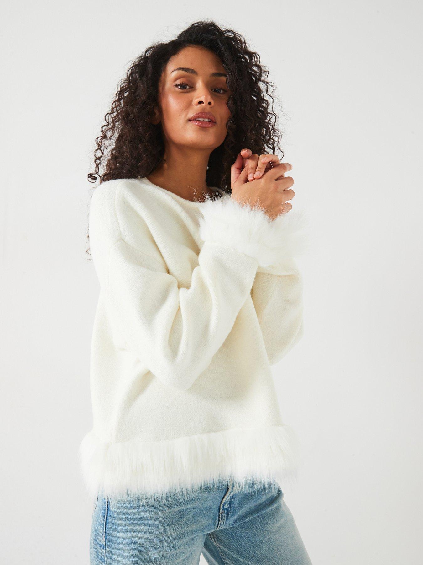 Image 1 of 6 of V by Very Crew Neck Fur Trim Jumper - Cream
