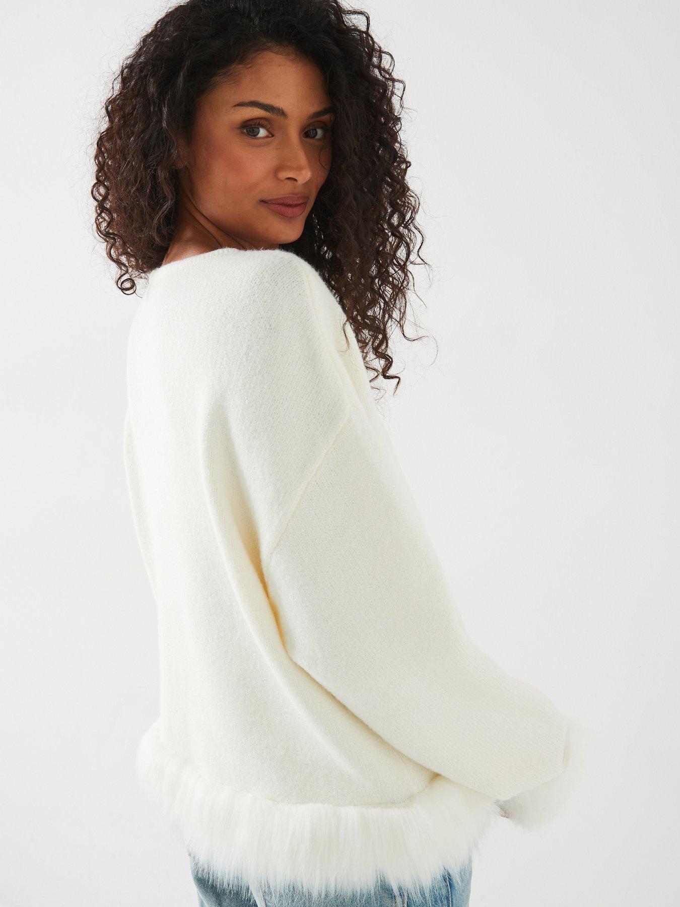 Image 2 of 6 of V by Very Crew Neck Fur Trim Jumper - Cream