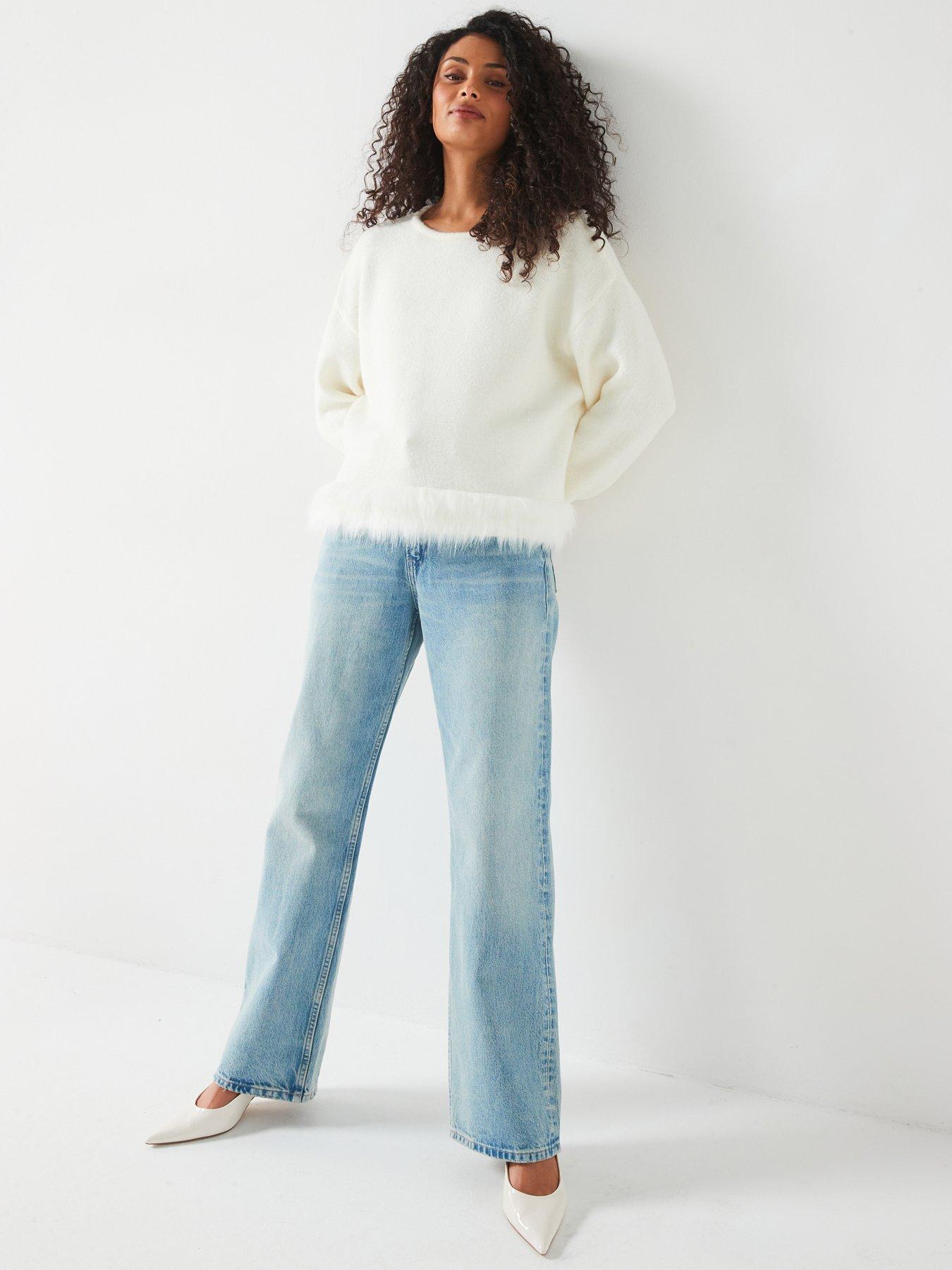 Image 3 of 6 of V by Very Crew Neck Fur Trim Jumper - Cream