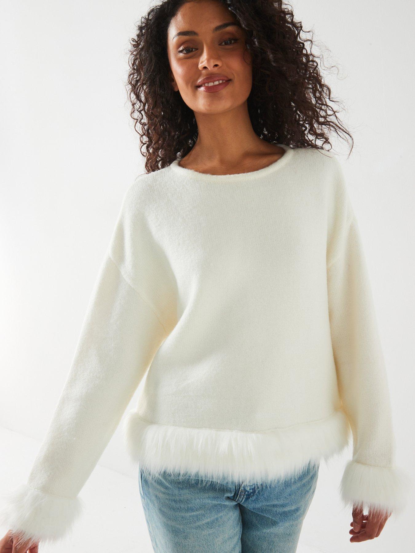 Image 5 of 6 of V by Very Crew Neck Fur Trim Jumper - Cream