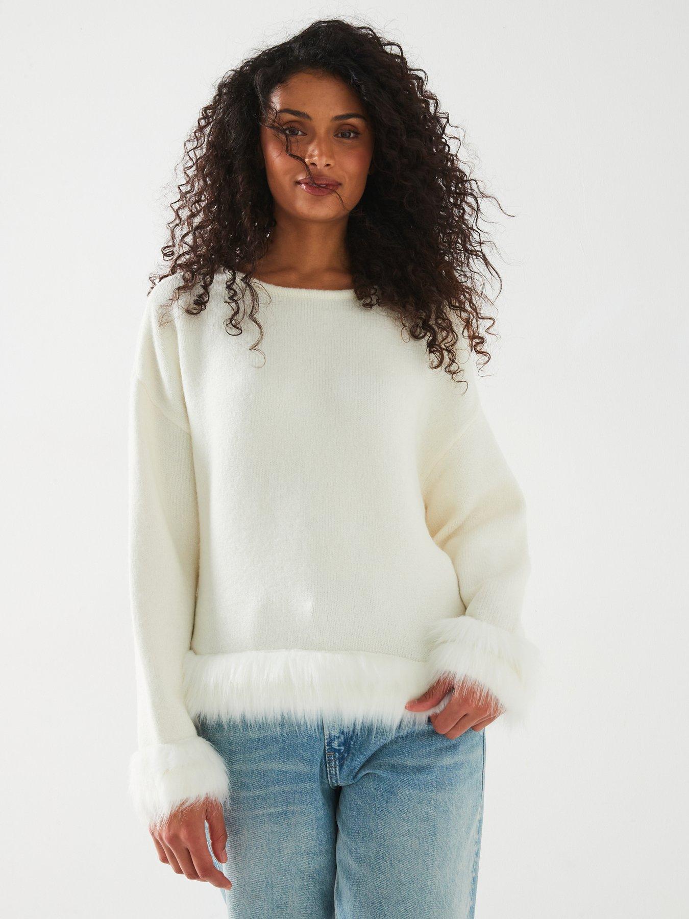 Image 6 of 6 of V by Very Crew Neck Fur Trim Jumper - Cream