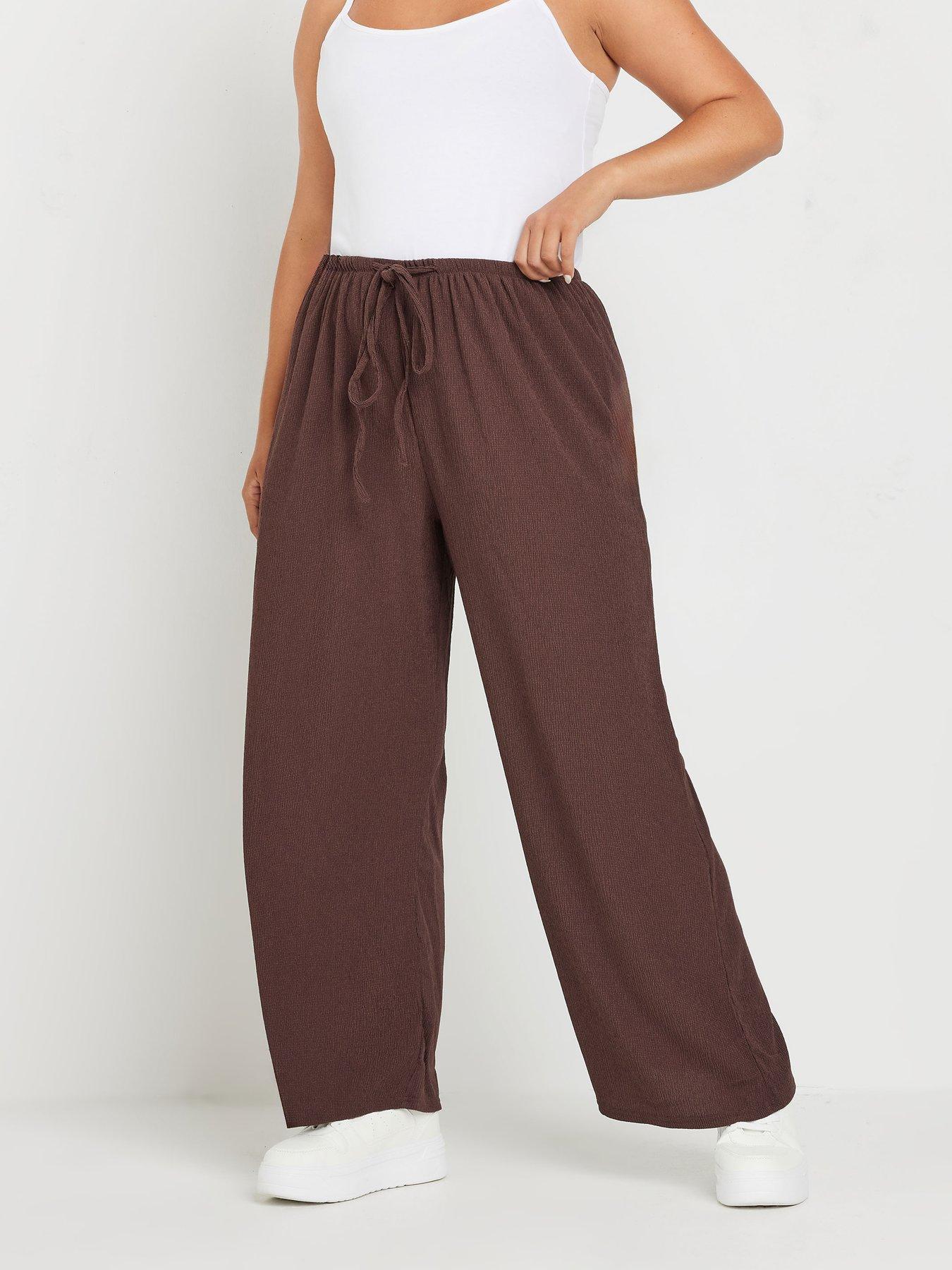 undefined Curve Textured Tie Waist Wide Leg Trouser - Brown