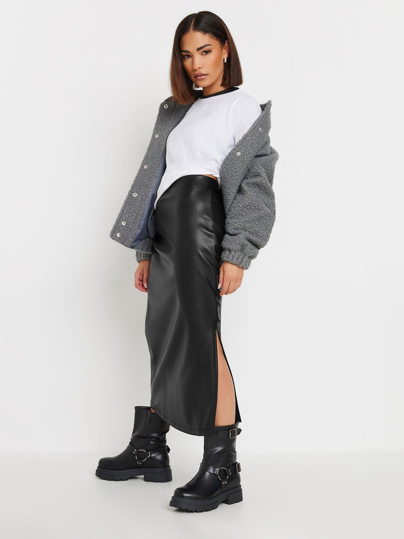  image of pixiegirl-petite-pu-maxi-side-split-skirt-black