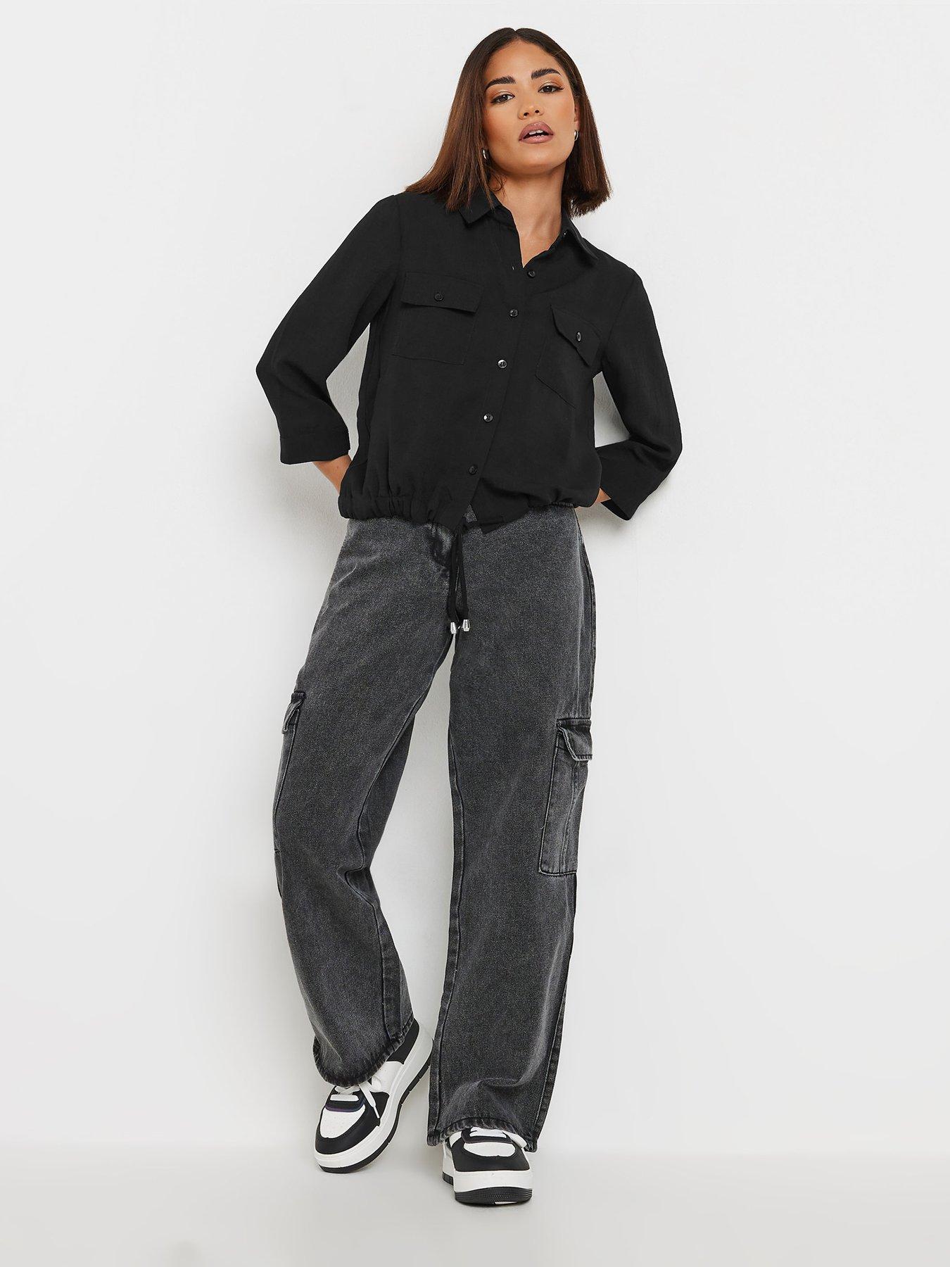  image of pixiegirl-petite-drawcord-long-sleeve-shirt-black