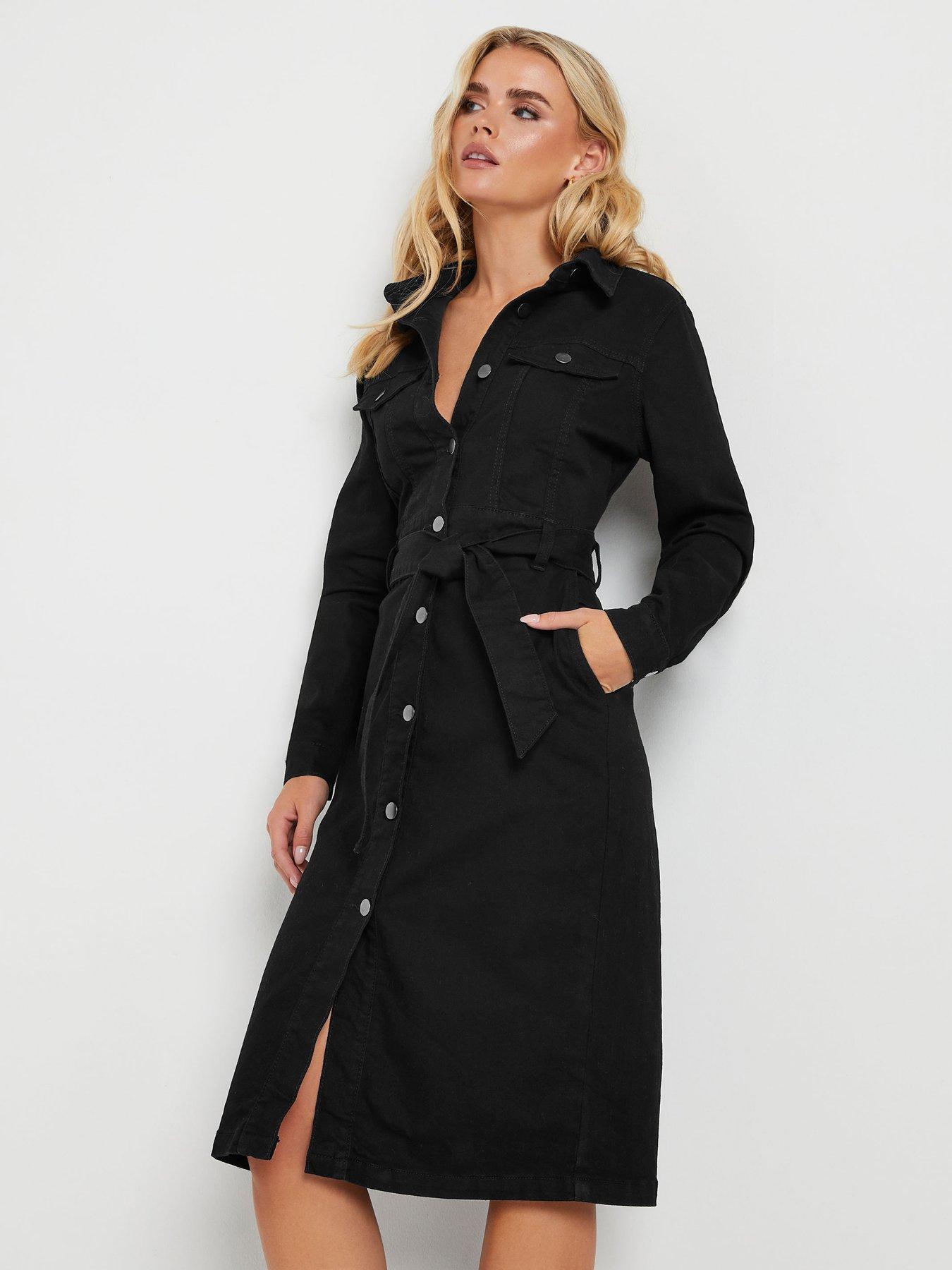 undefined Petite Denim Button Through Belted Dress - Black