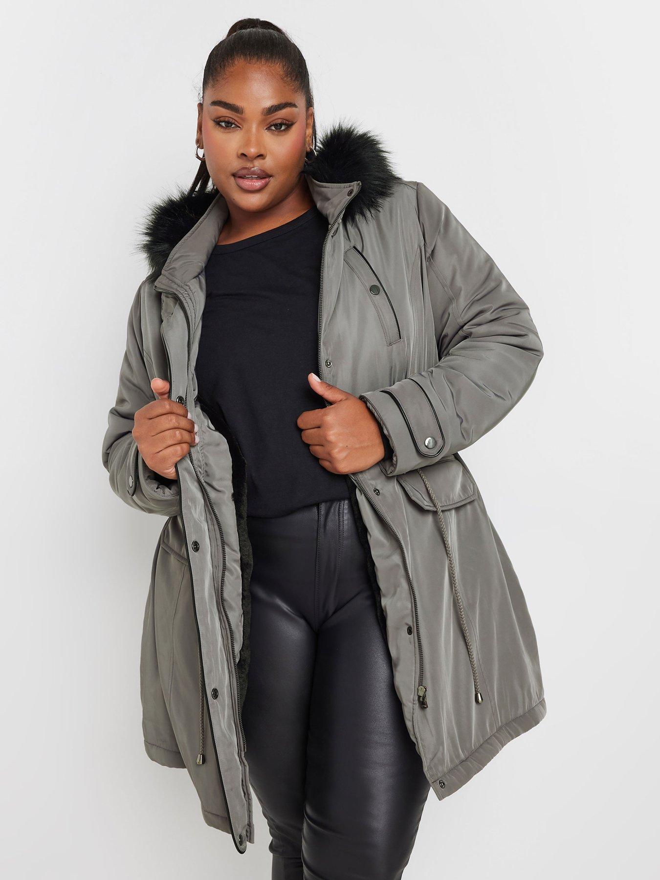 Yours Curve Plush Fur Trim Parka - Grey