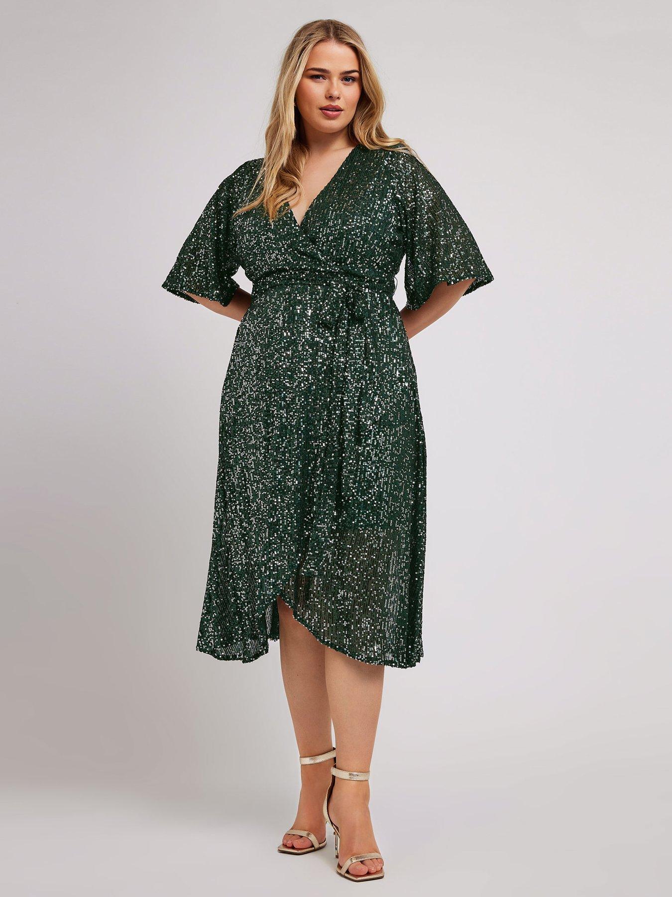 Yours Curve Sequin Wrap Tulip Dress - Green