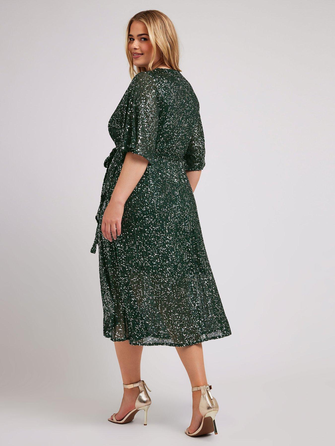Image 2 of 4 of Yours Curve Sequin Wrap Tulip Dress - Green