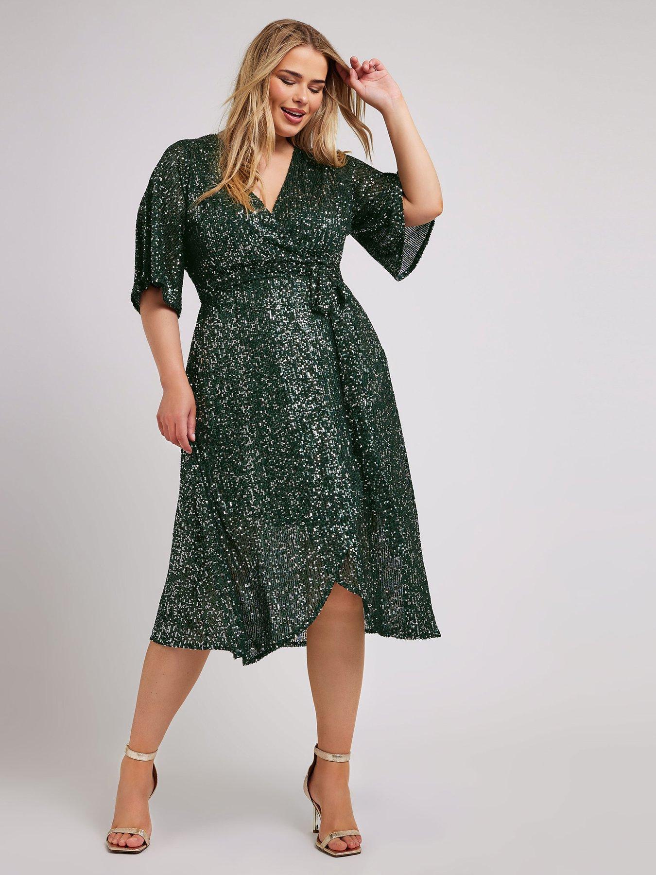Image 3 of 4 of Yours Curve Sequin Wrap Tulip Dress - Green