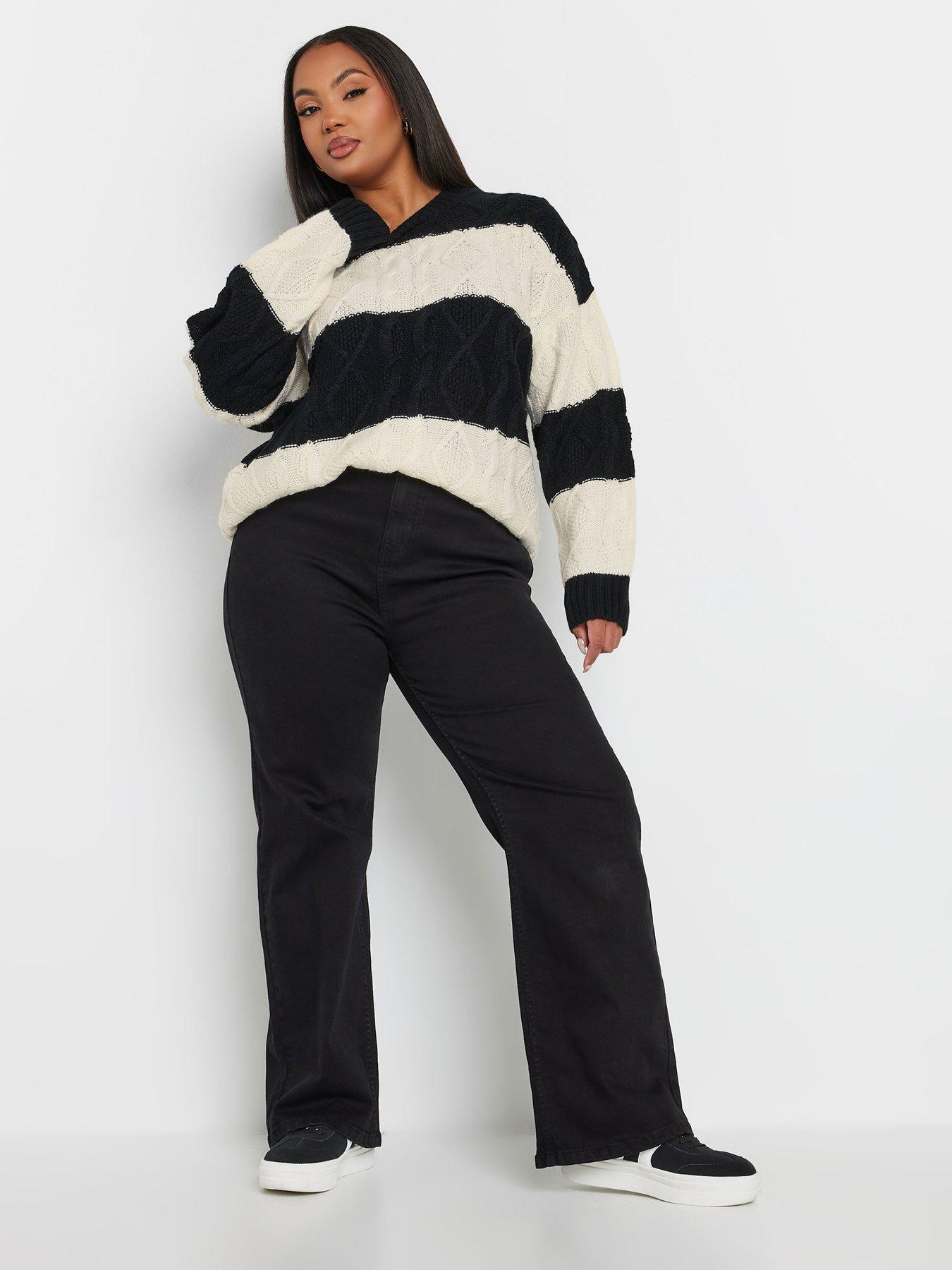 Image 3 of 4 of Yours Curve Cable Stripe Mix Jumper - Black/White