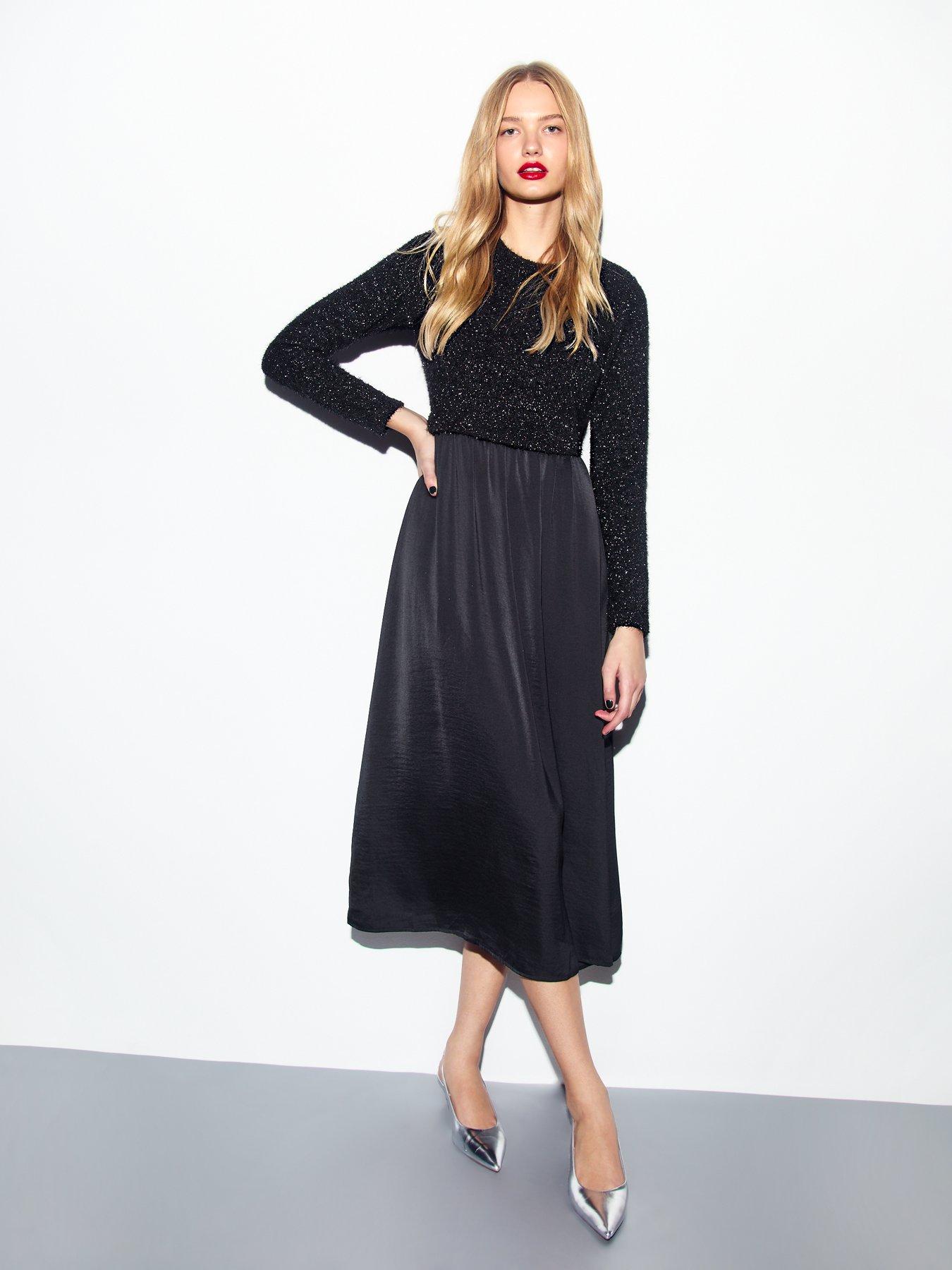 undefined 2-In-1 Tinsel Top Long Sleeve Midi Dress - Black