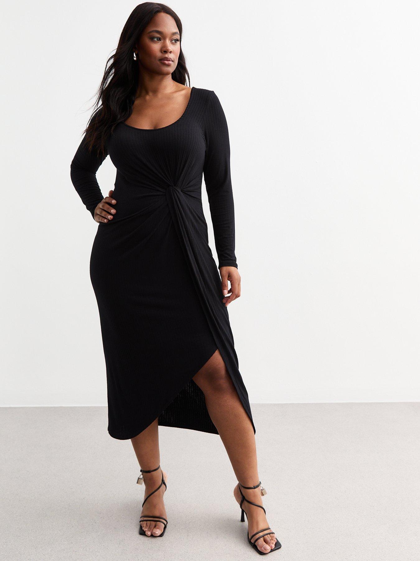 undefined Curve Ribbed Knot Front Long Sleeve Dress - Black