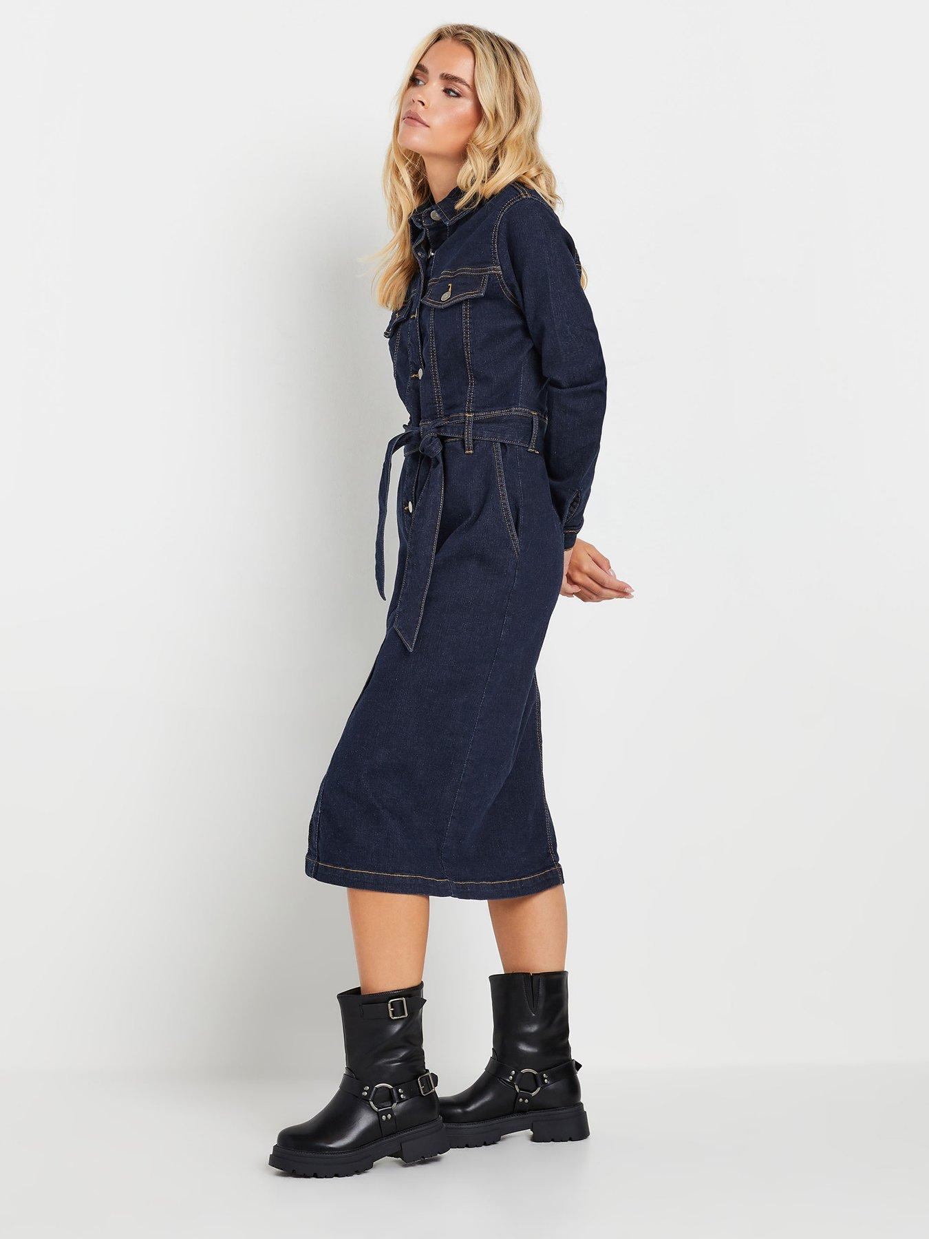 undefined Petite Button Through Belted Dress - Blue