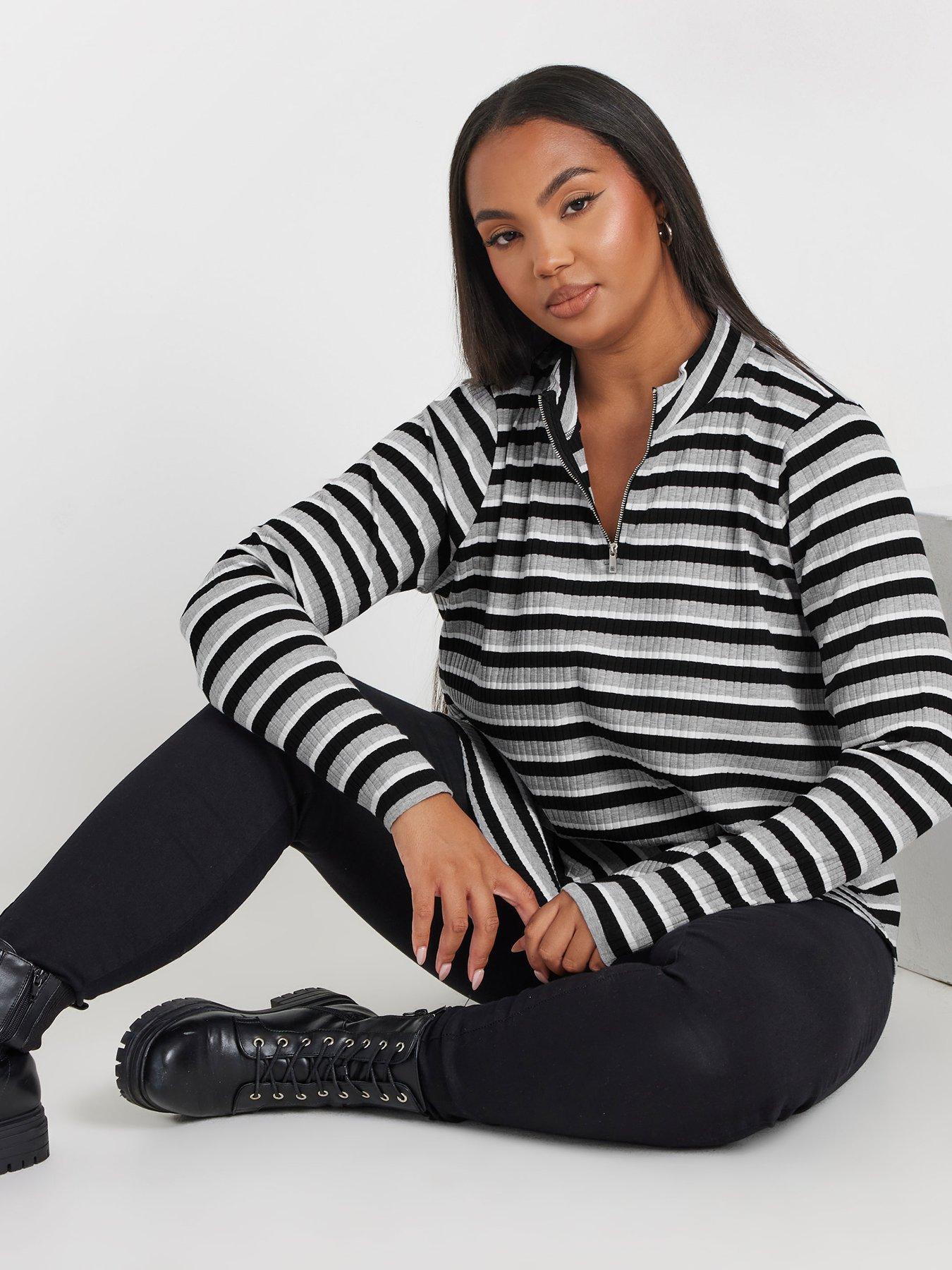 Yours Curve Quarter Zip Rib Top - Grey | Littlewoods