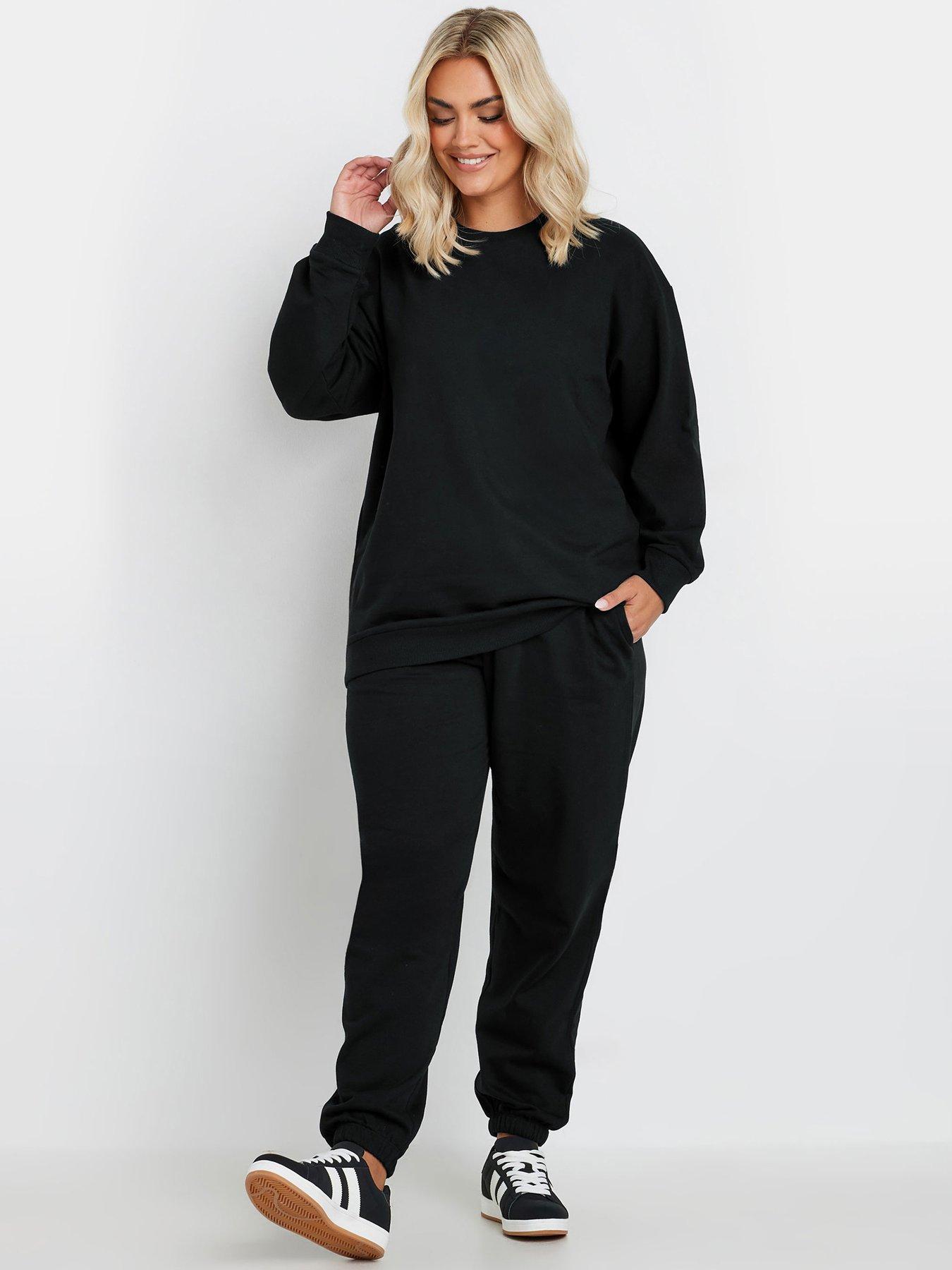 Image 3 of 4 of Yours Curve Crew Neck Sweatshirt With Cuffed Jogger Set - Black
